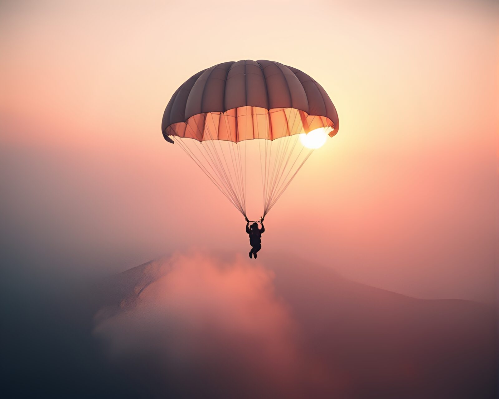 Colorful mosaic sky with parachuter descending through misty air
