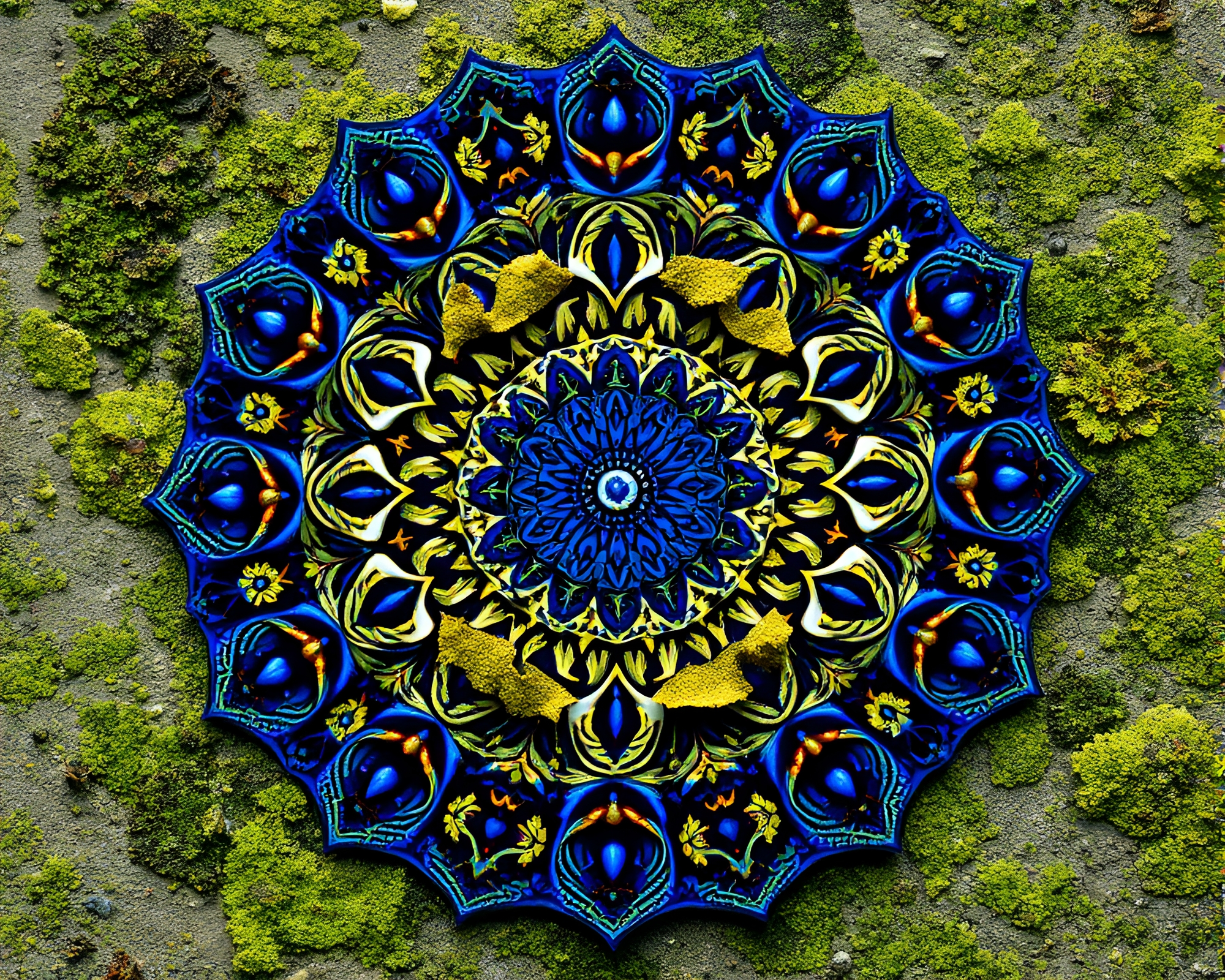 Mandala Lichen on Cobalt Blue Grunge Background – free AI stock image