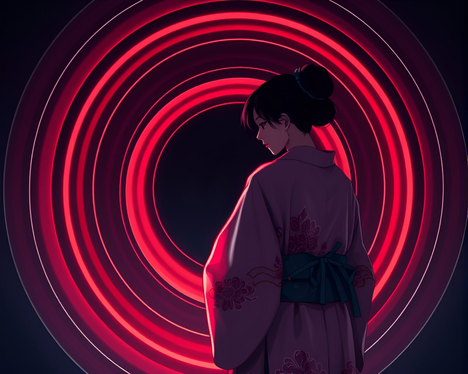 Futuristic silk kimono in glowing concentric circles under dim light