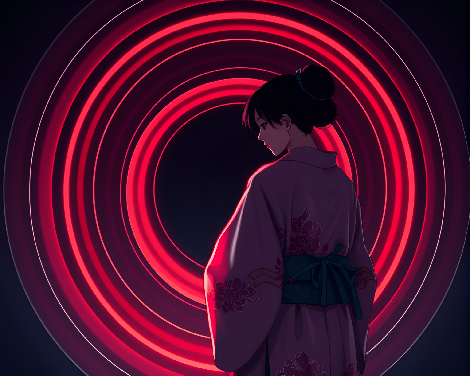 Neon Cyberpunk Kimono Illuminated Circles – free AI stock image