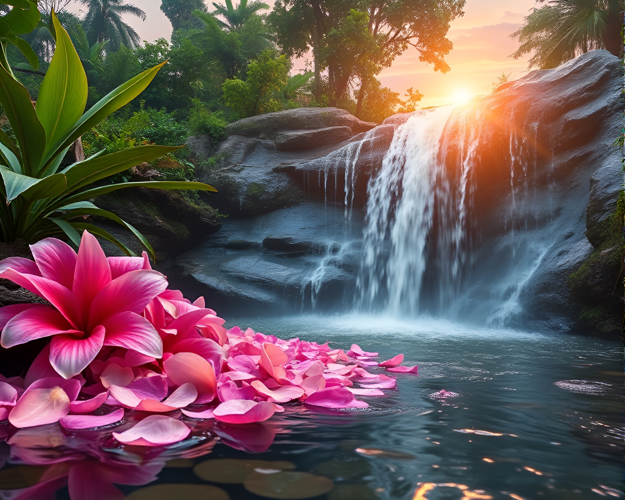 Tropical Waterfall with Flower Petal Compositions – free AI stock image