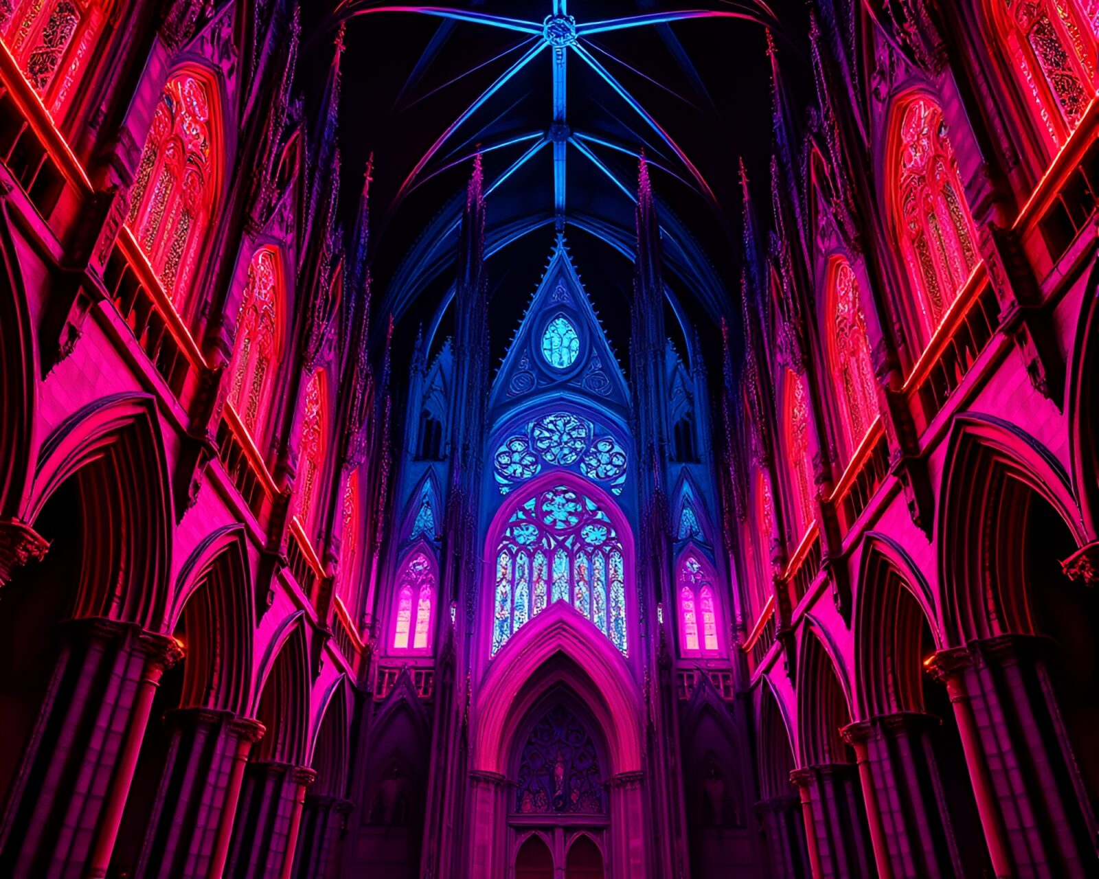 Vibrant neon colors illuminate a gothic cathedral interior