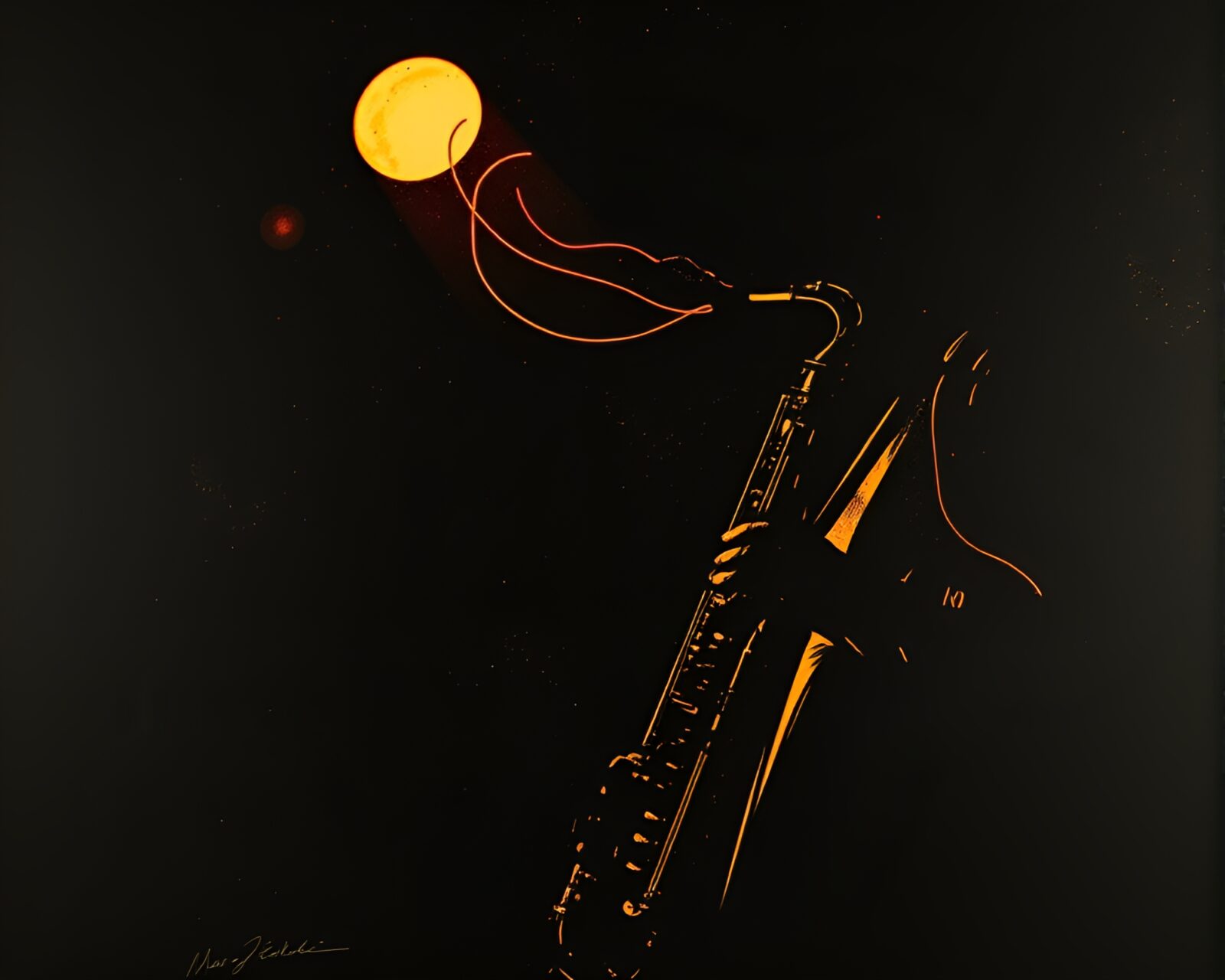 Linocut-style saxophone with chiaroscuro lighting amidst light trails