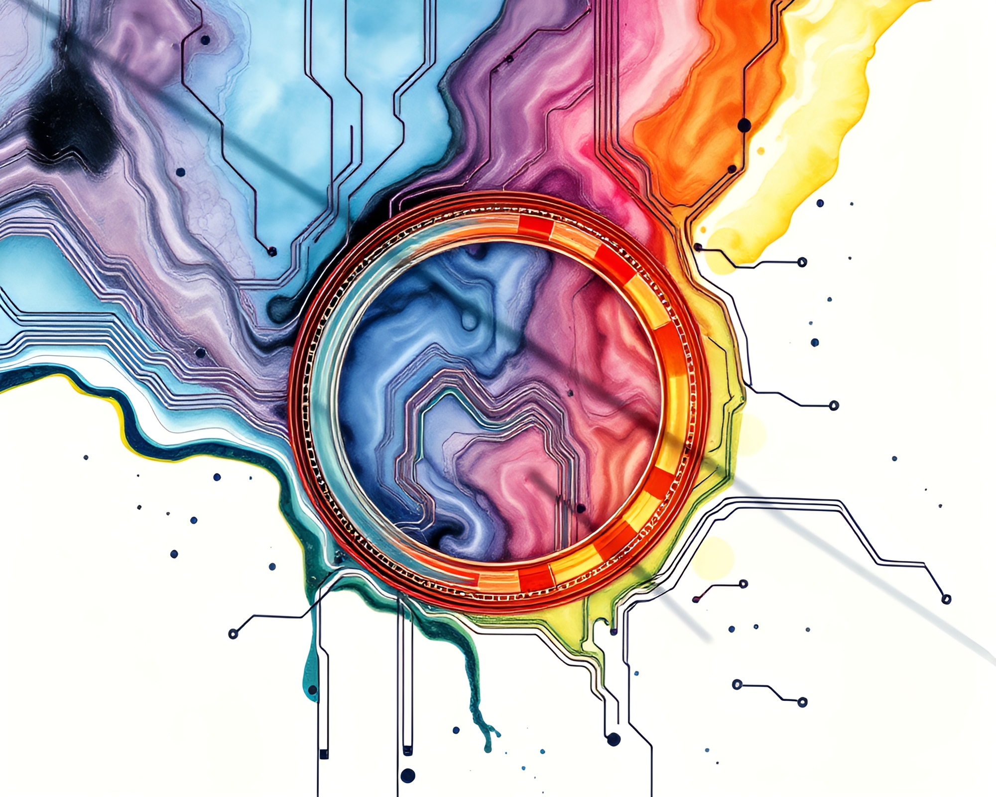 Rainbow Circuit Board Eclipse in Watercolor Wildlife – free AI stock image