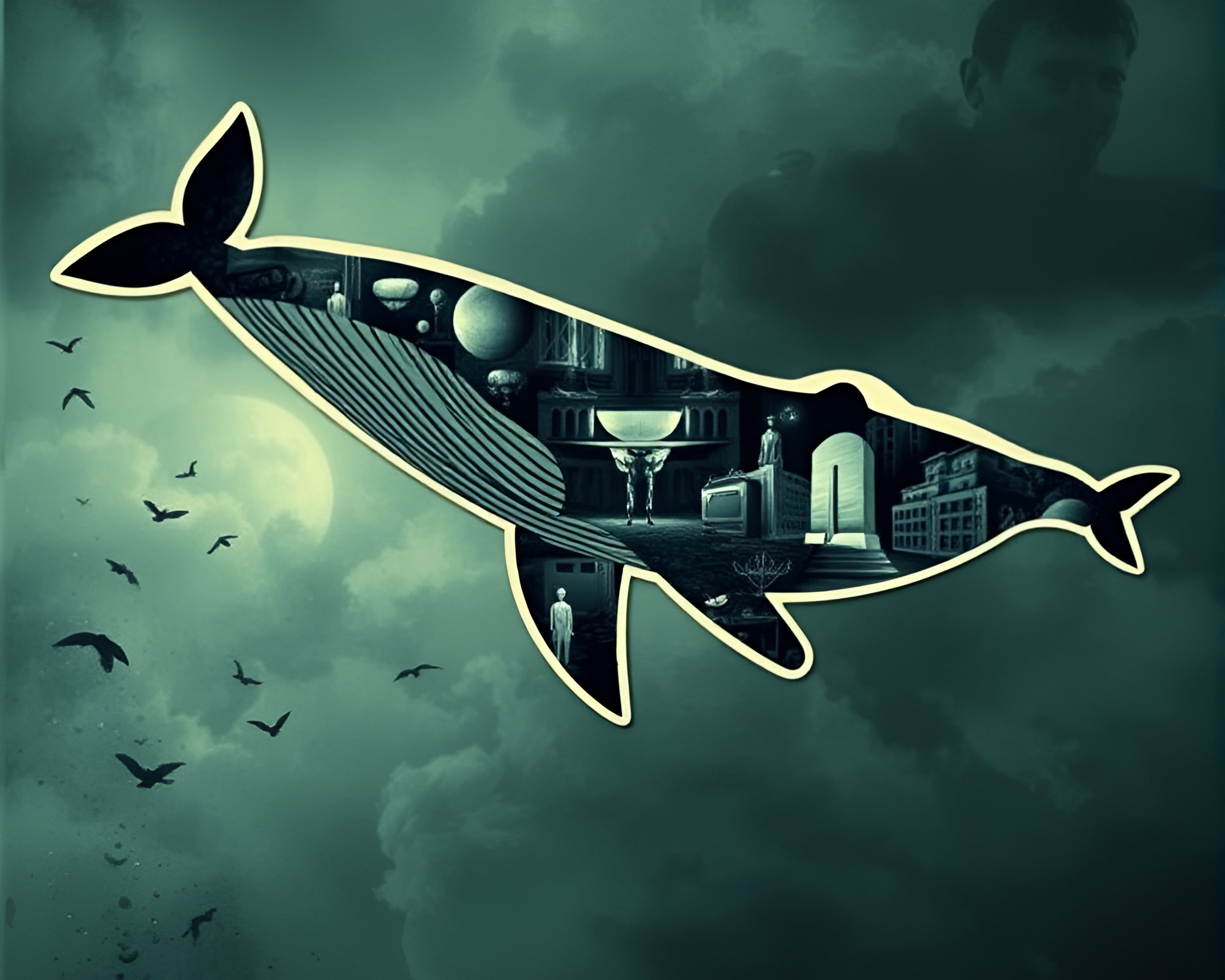 Whale Fantasy Collage in Desaturated Gloom – free AI stock image