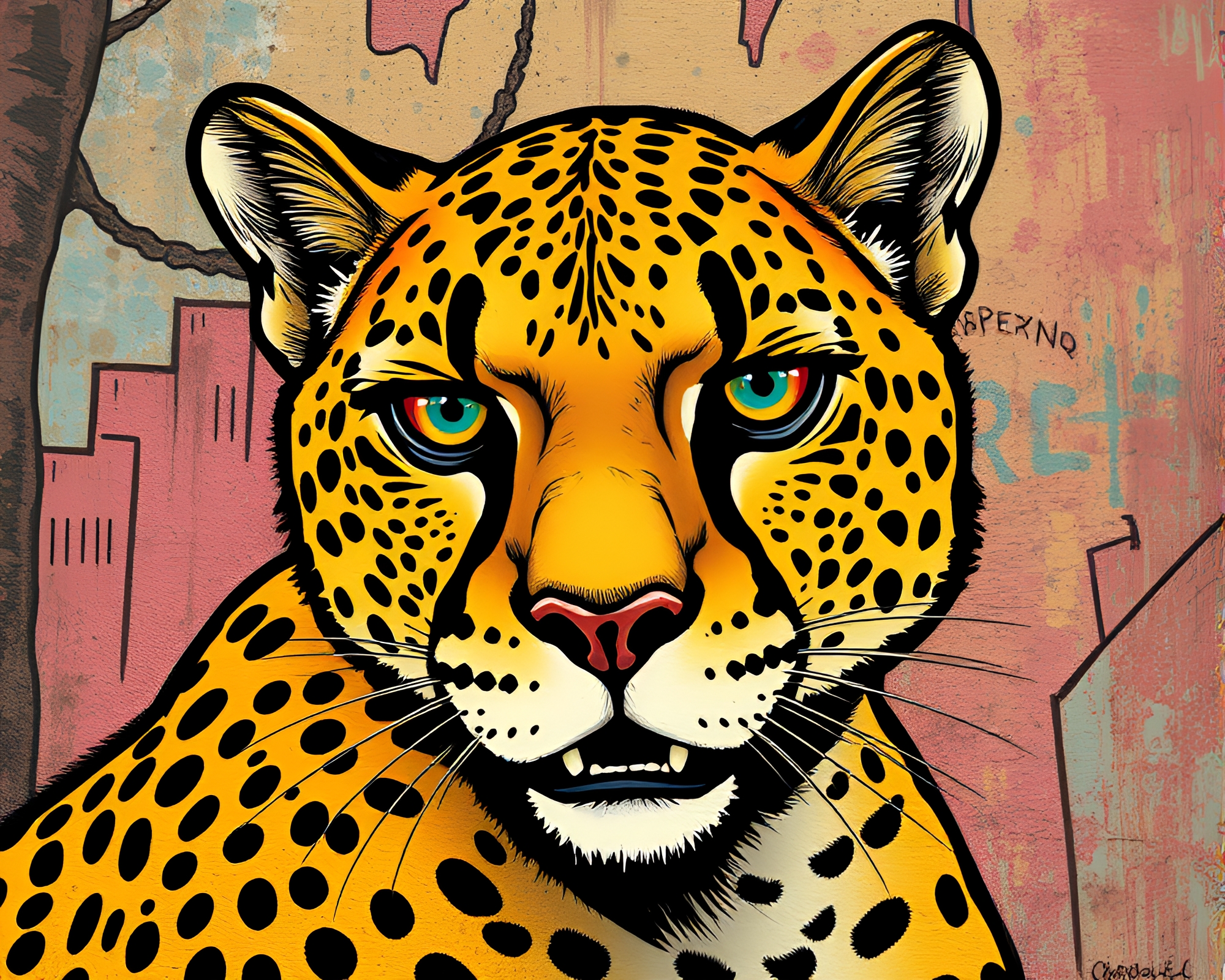 Comic Street Art Featuring Cheetah in Analogous Colors – free AI stock image