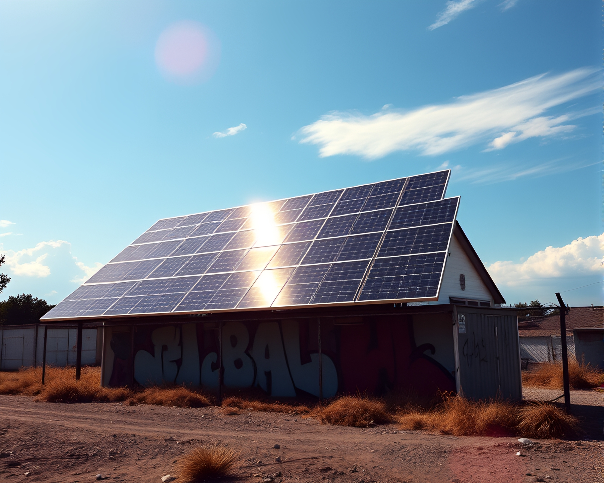 Vibrant Solar Panel Array with Graffiti Art – free AI stock image