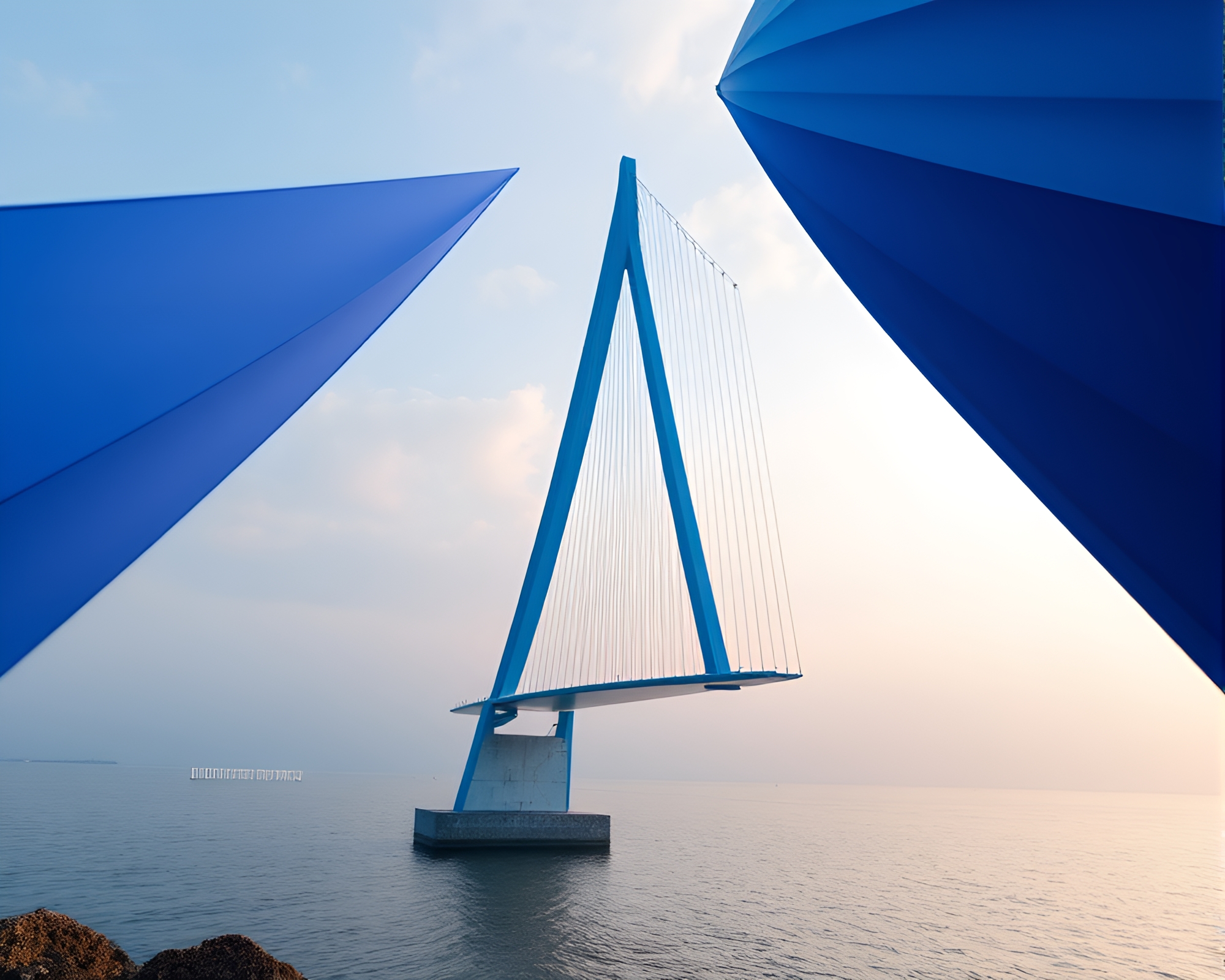Suspended Prism Bridge in Tranquil Cobalt Blue – free AI stock image