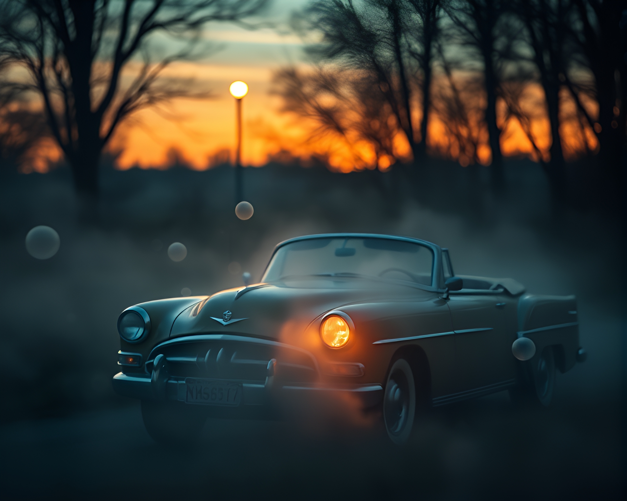 Vintage Car in Morning Mist with Bubble Clusters – free AI stock image