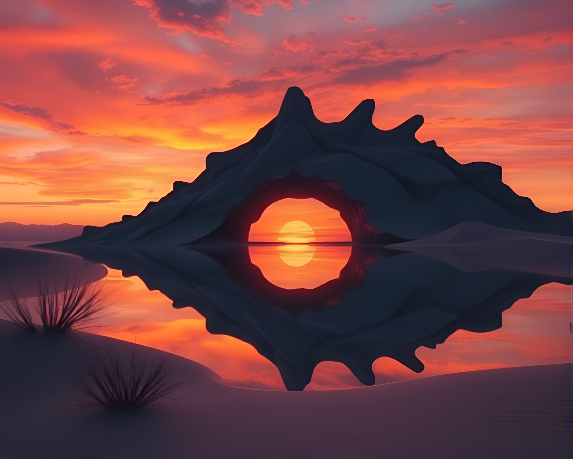 Leviathan’s Symmetrical Reflection at Desert Sunset – free AI stock image