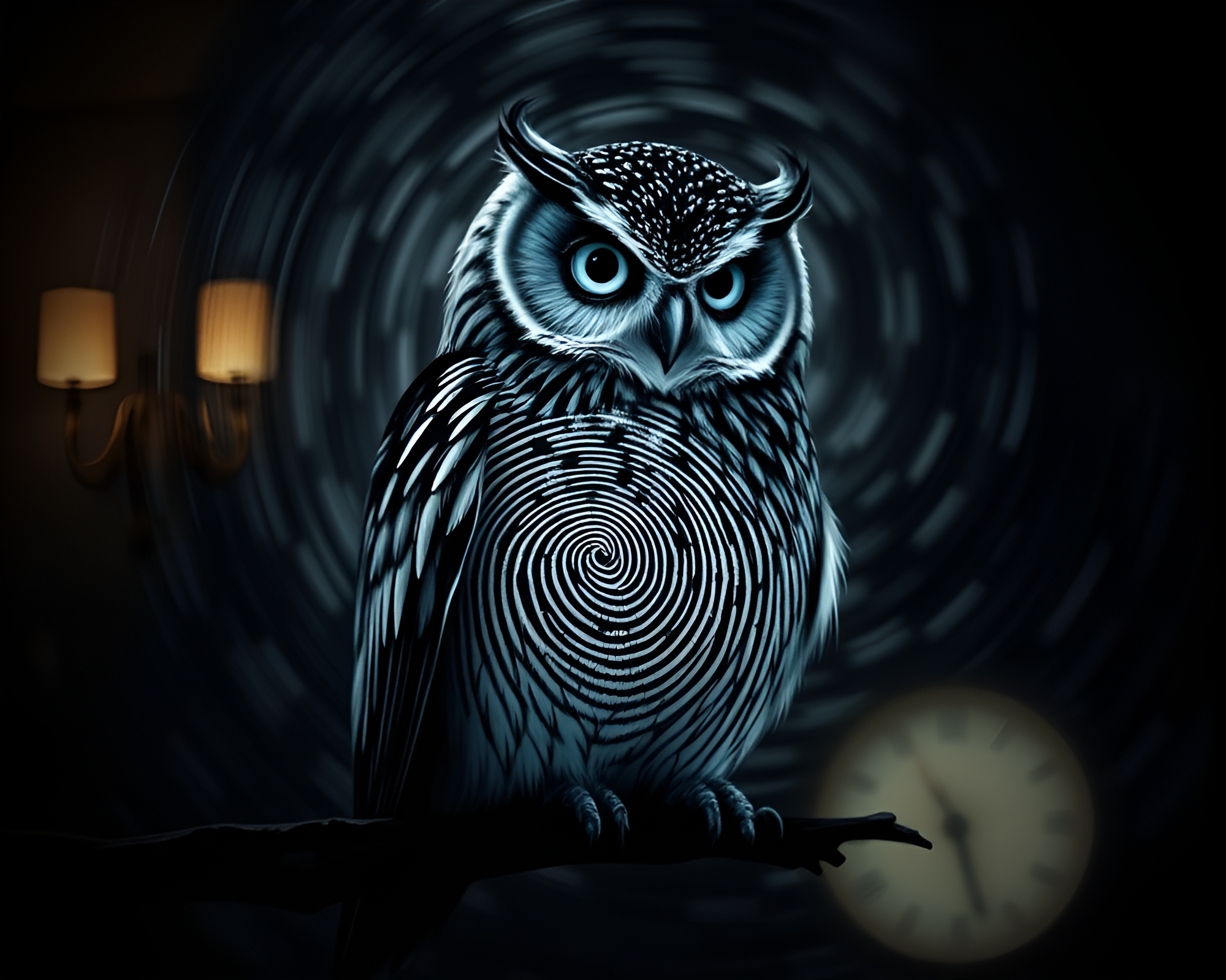 Clockwork Owl Fingerprint Swirl Art – free AI stock image