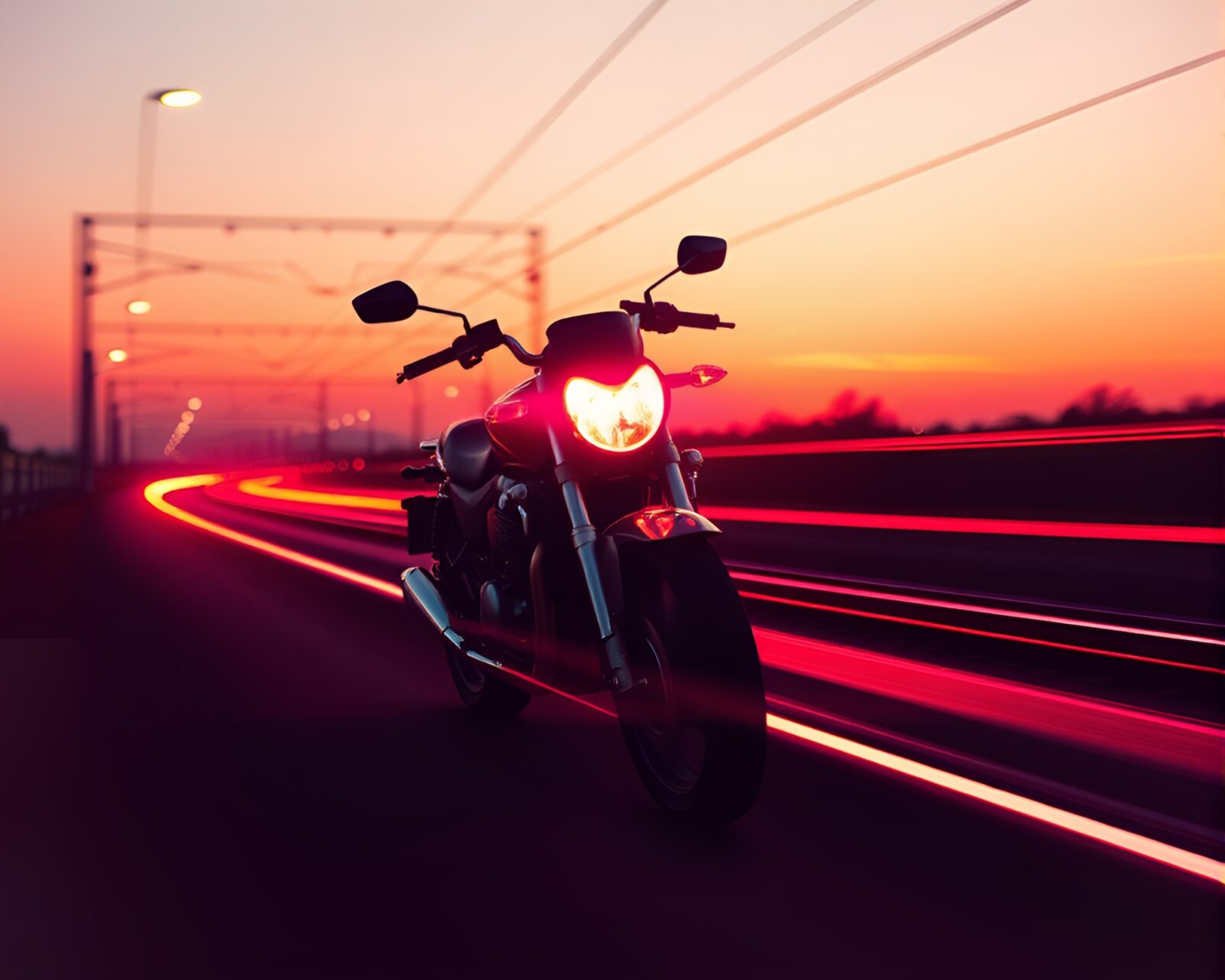 Vibrant pink halftone neon motorcycle race at dawn