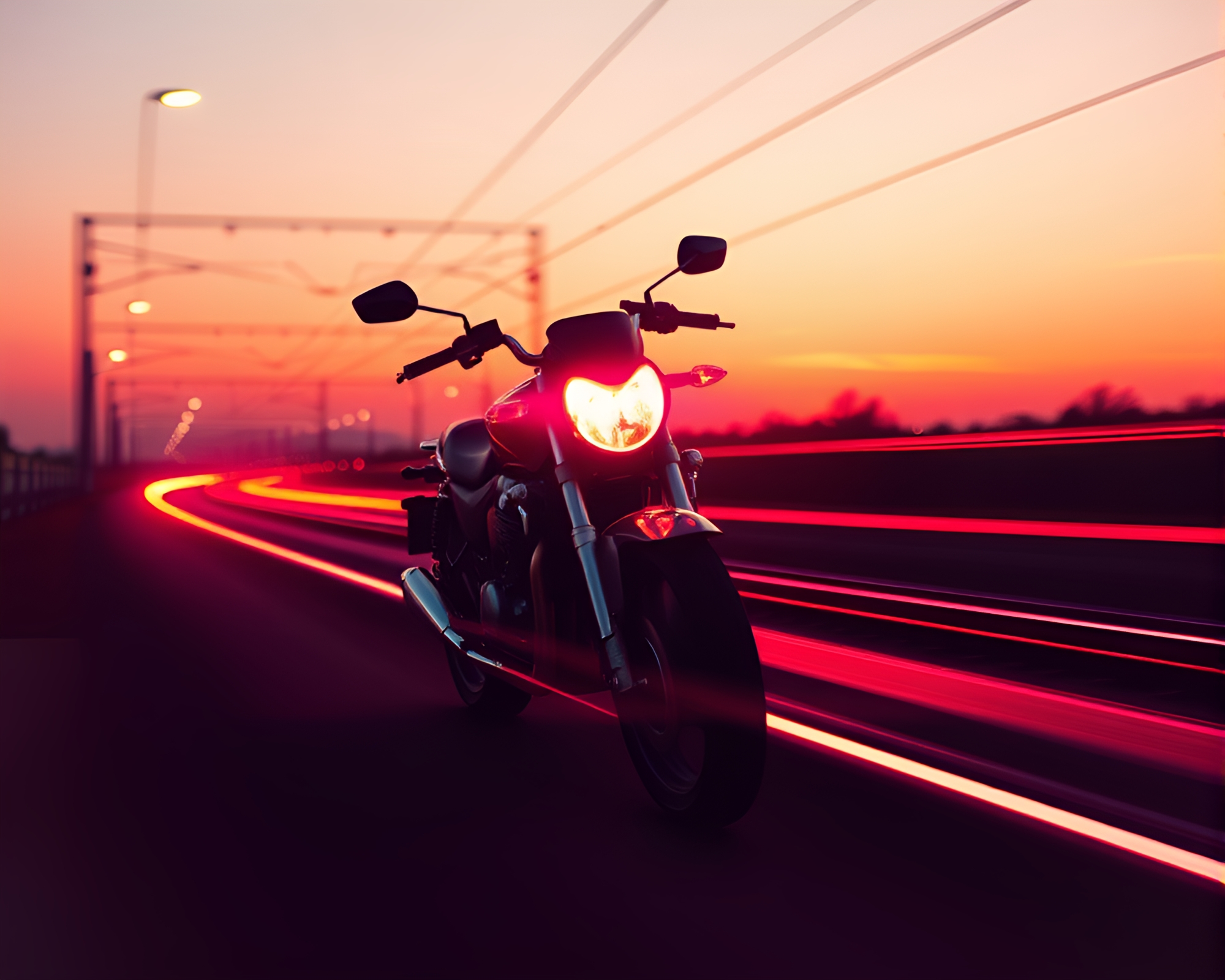 Neon Motorcycle Speeding Through Sunrise Light Trails – free AI stock image