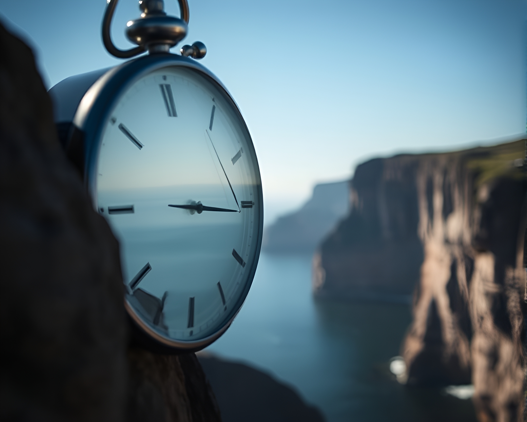 Split Focus Diopter Clock on Cliffside: Contoured Shadows – free AI stock image