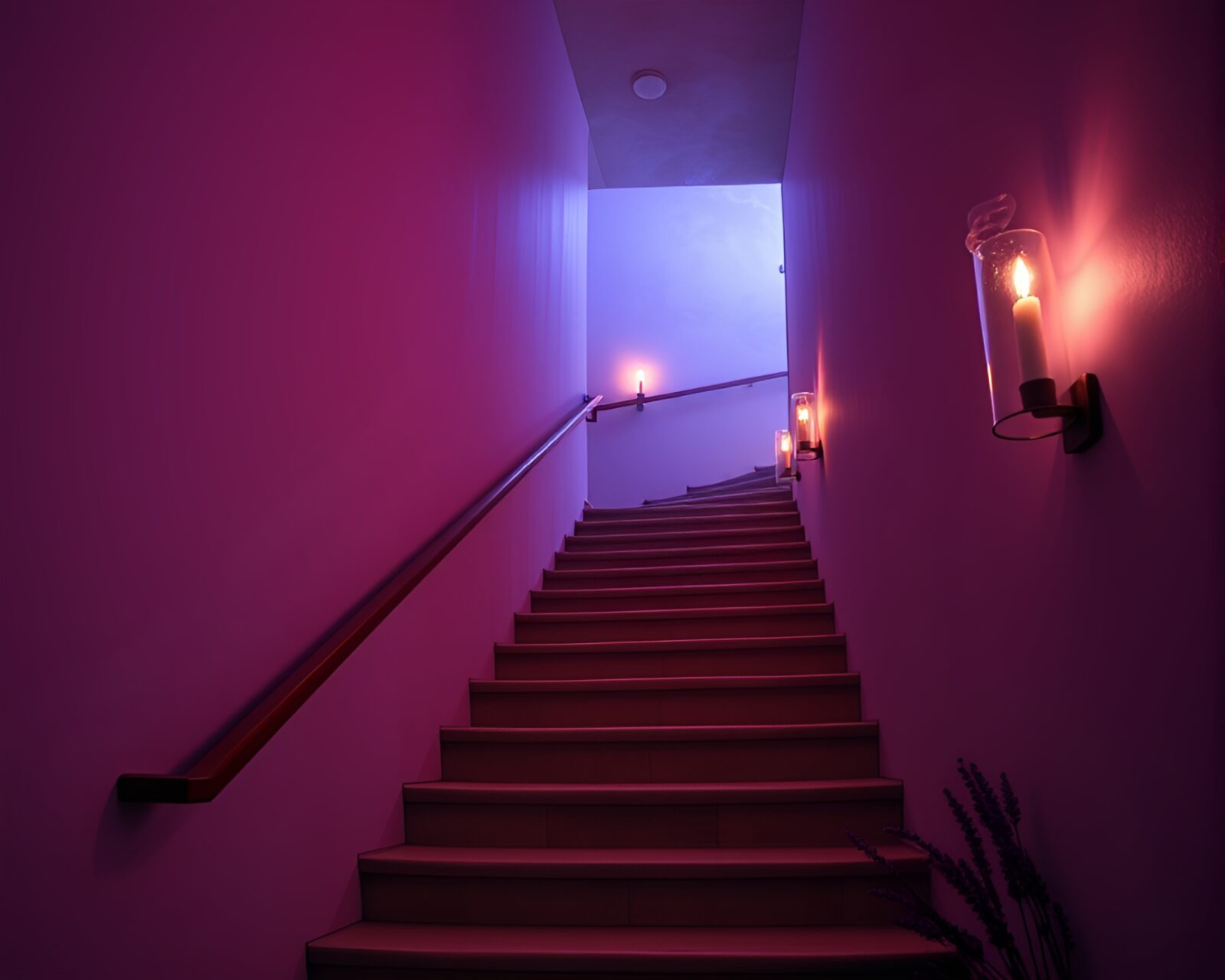Lavender twilight staircase with fluorescent lighting and candle smoke