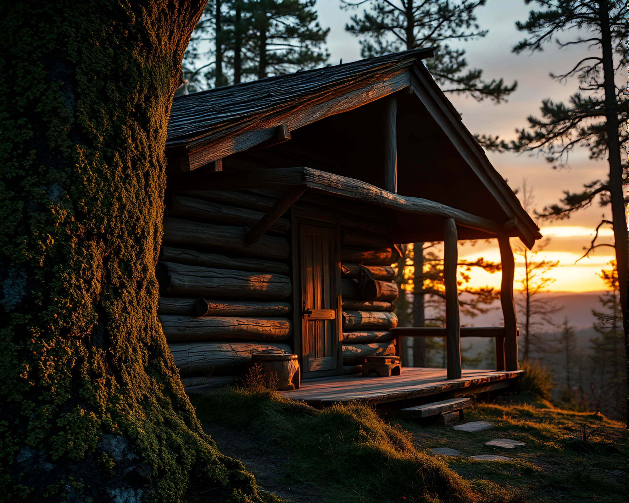 Golden Hour Rustic Cabin with Lichen Texture – free AI stock image
