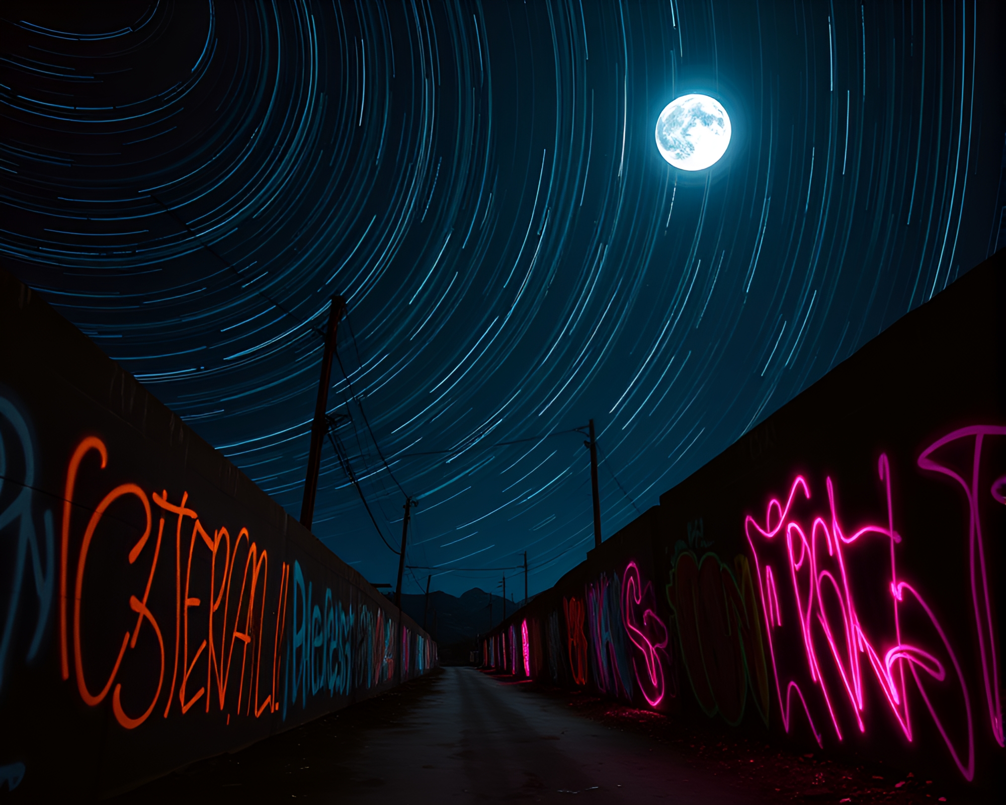 Moonlit Dystopian Graffiti: Neon Star Trails – free AI stock image