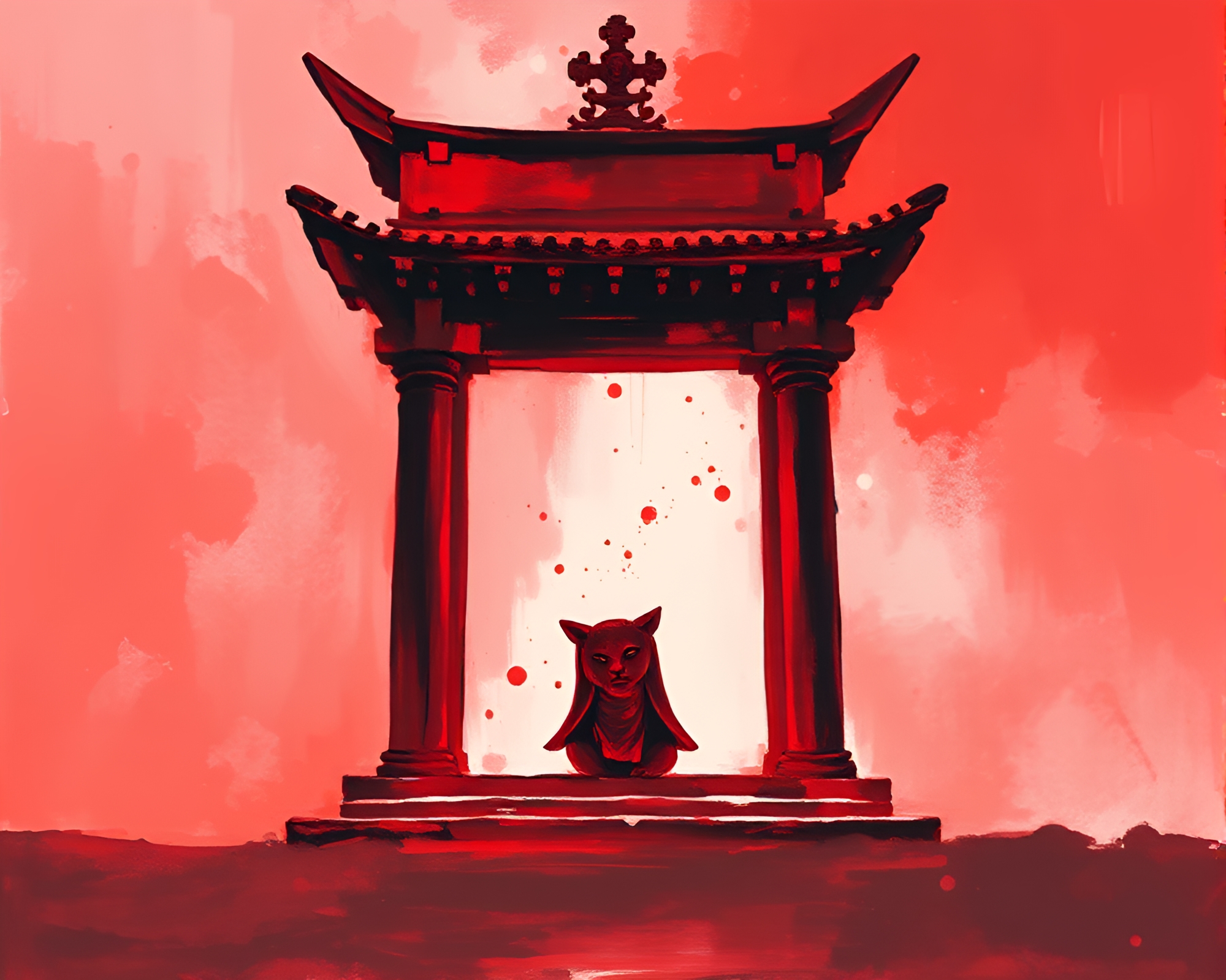 Enchanting Ruby Red Temple Gouache Painting – free AI stock image