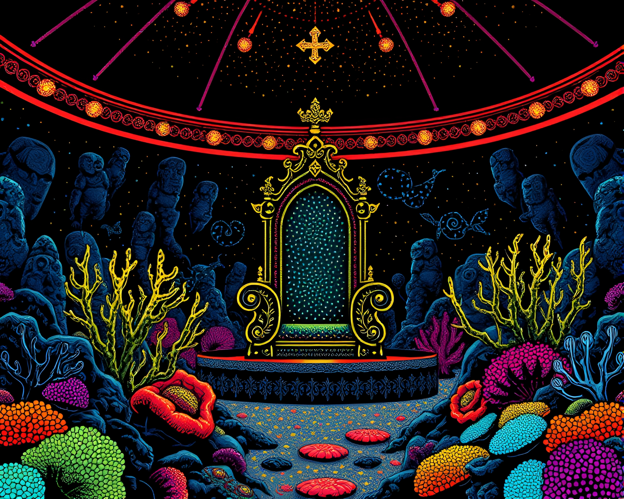Reef Throne Room in Dazzling Pointillist Tattoo Flash Art – free AI stock image