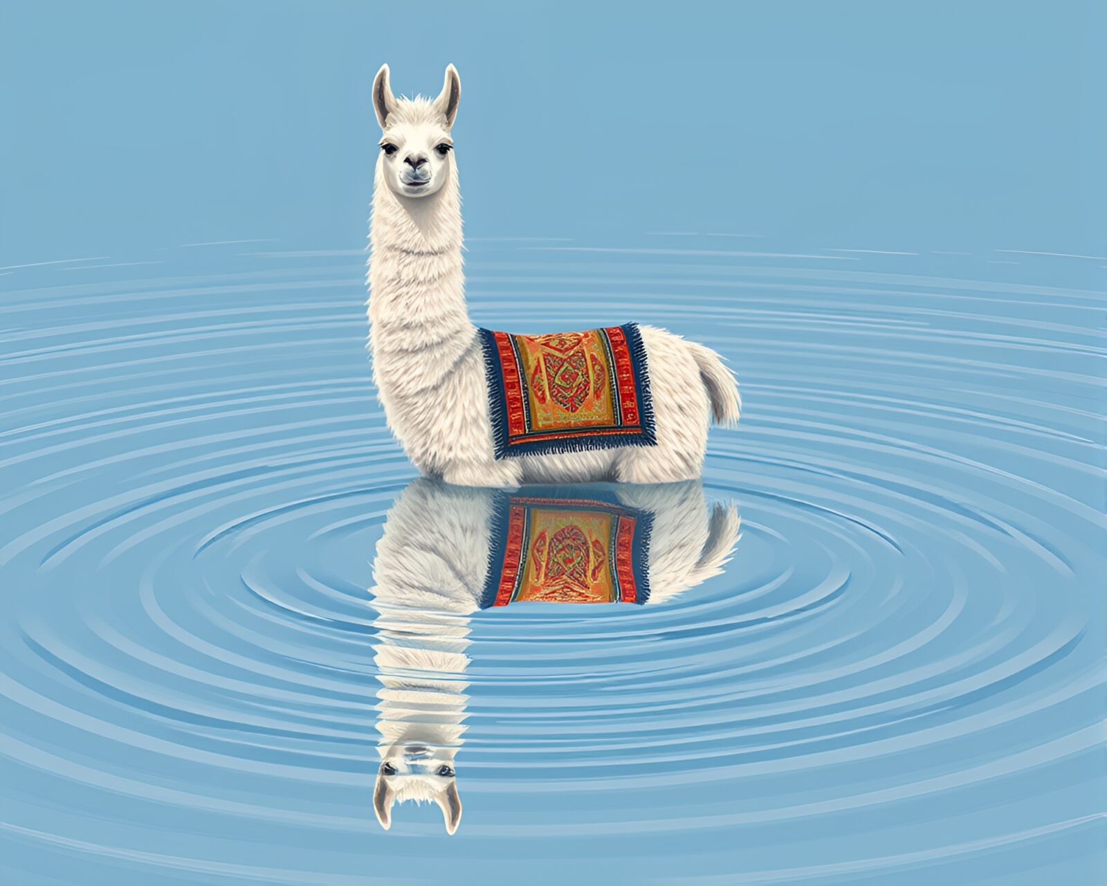 Colorful llama reflected on rippling water with prism refraction