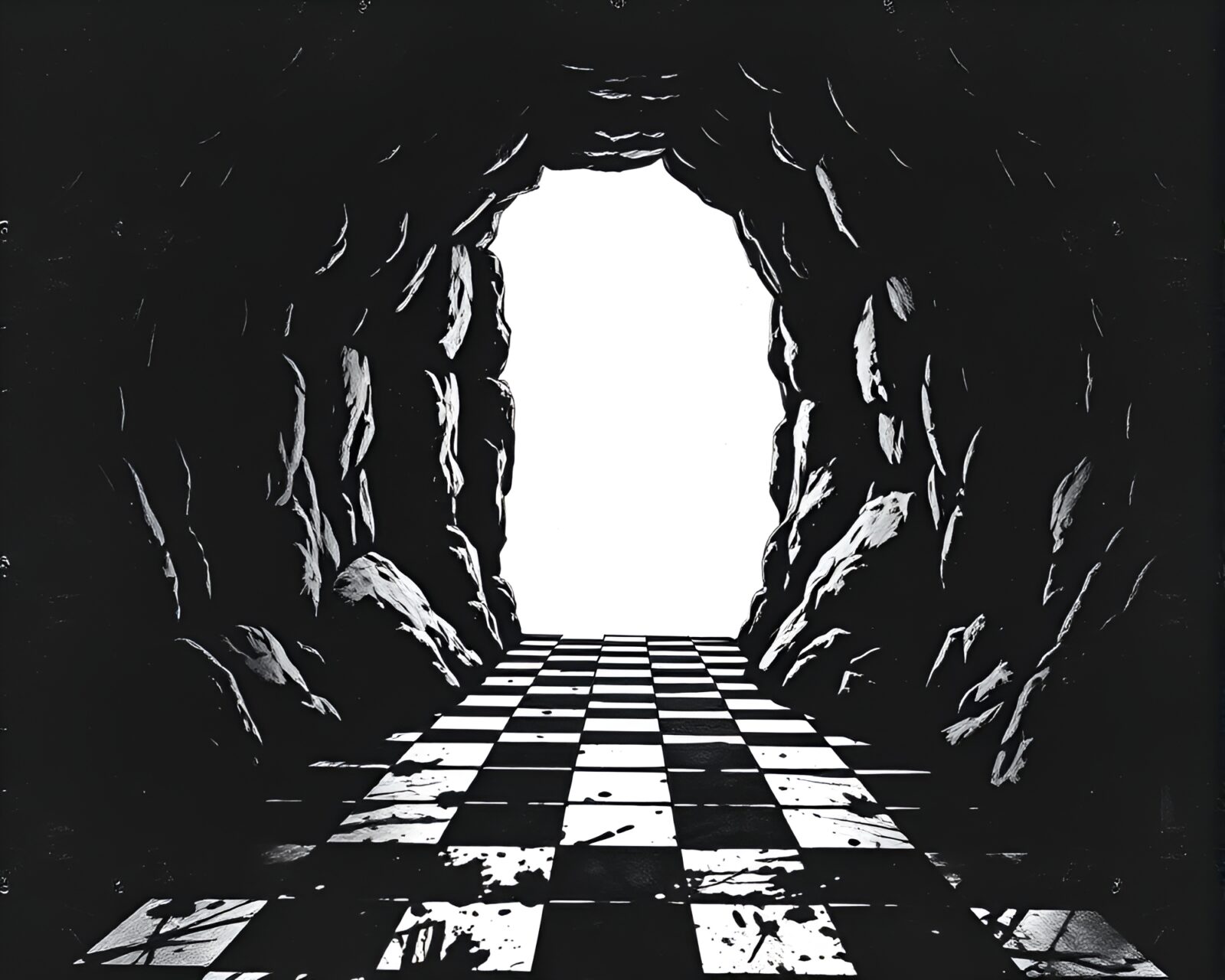 Dark cave with mystical ink calligraphy on checkered floor