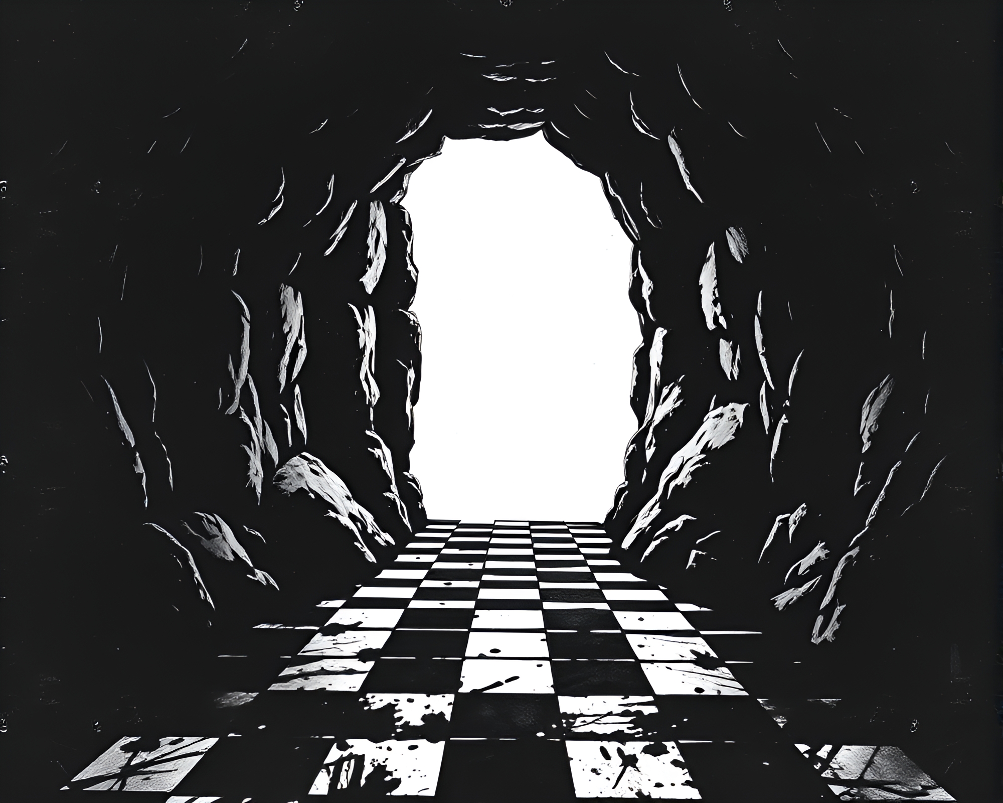 Checkered Calligraphy in Utopian Cave Entrance – free AI stock image