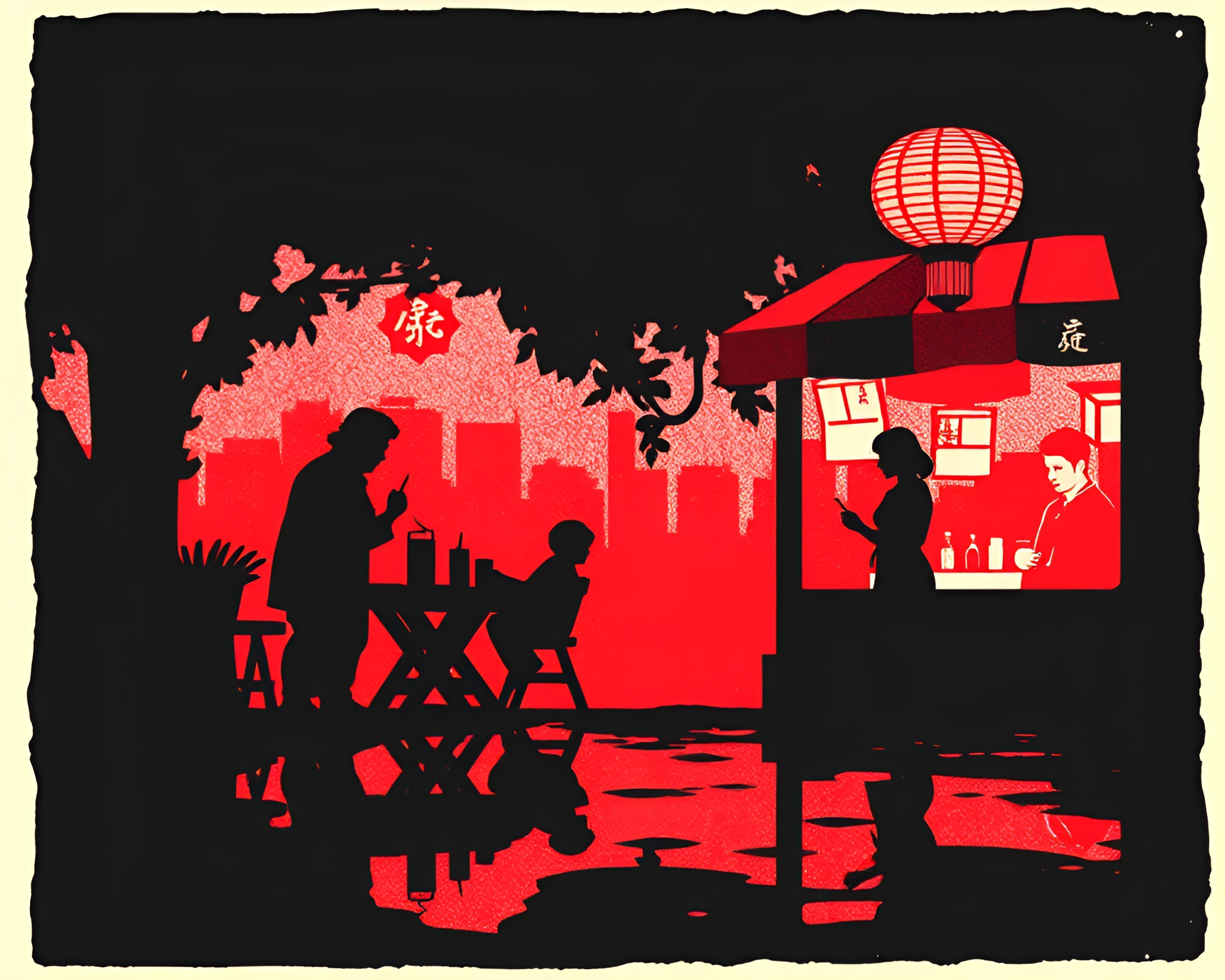 Taco Stand Reflection Silhouette Woodcut – free AI stock image