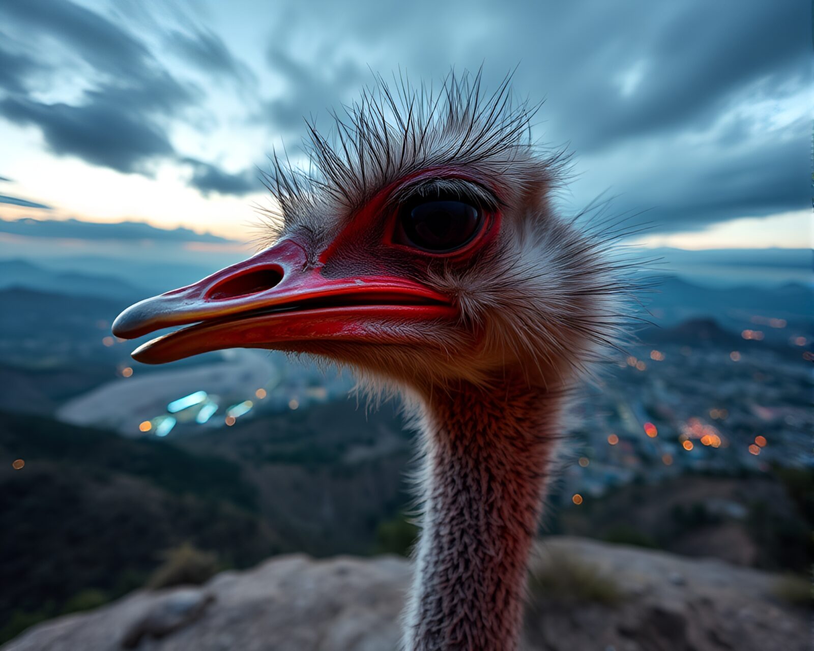 Sculptural ostrich in twilight, moving gracefully amidst fluid colors.