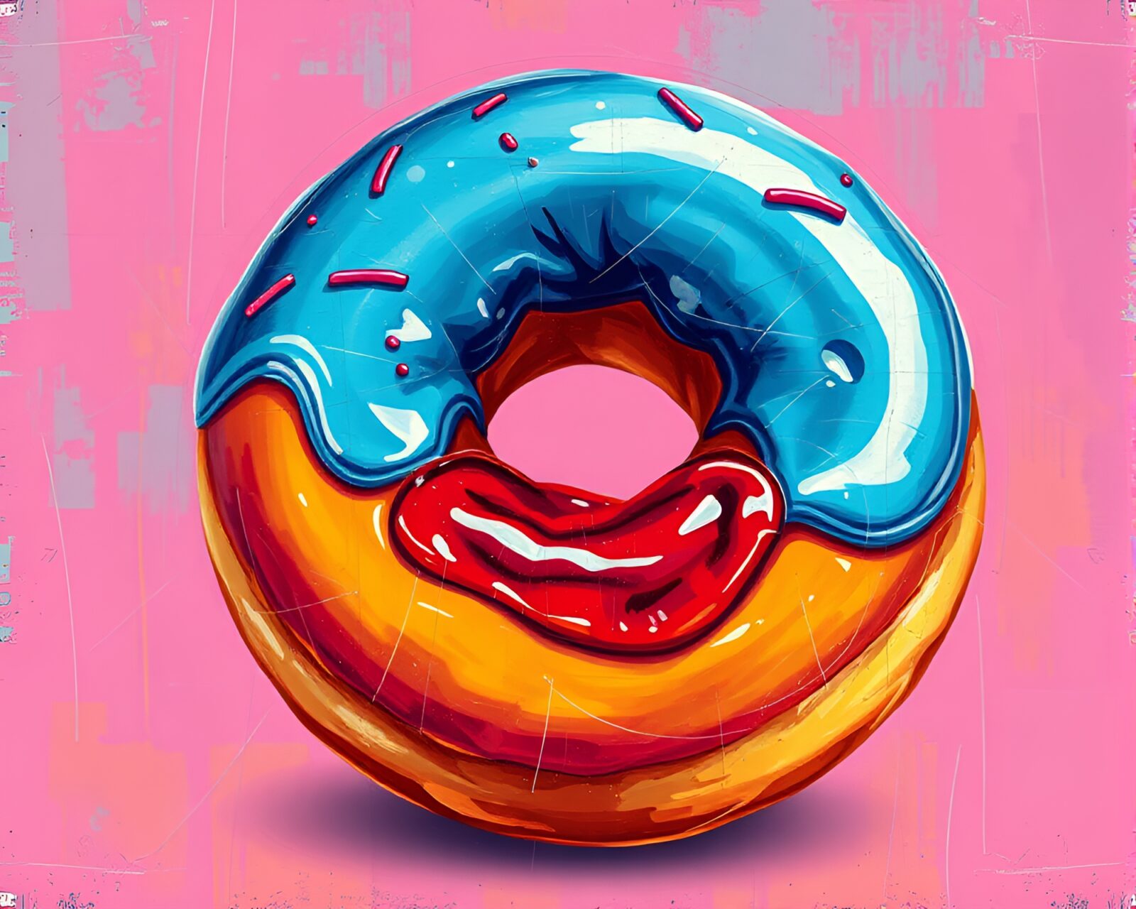 Vibrantly painted metallic scratches forming jelly-filled donut with faded retro hues