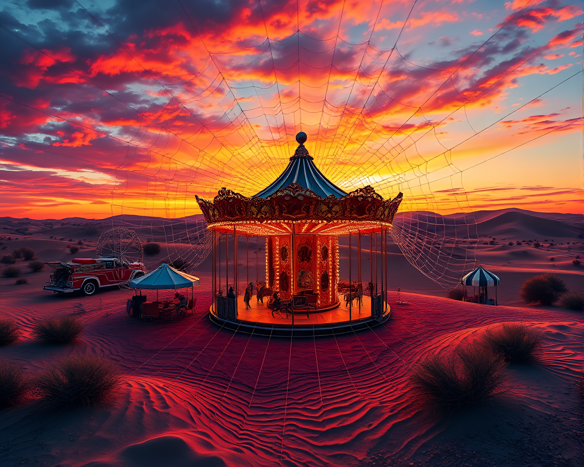 Fractal Carousel at Desert Sunset with Cobweb Surrounding – free AI stock image