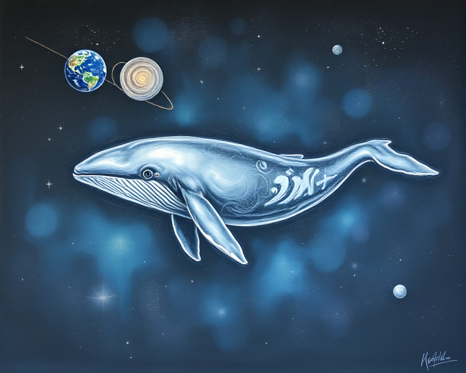 Gentle whale swimming in ethereal planetary pastels