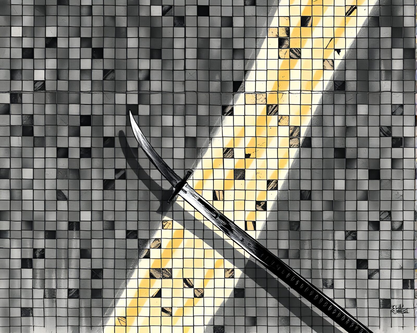 A stunning image of a Samurai sword surrounded by intricate mosaic tiling in ink wash style and light leaks