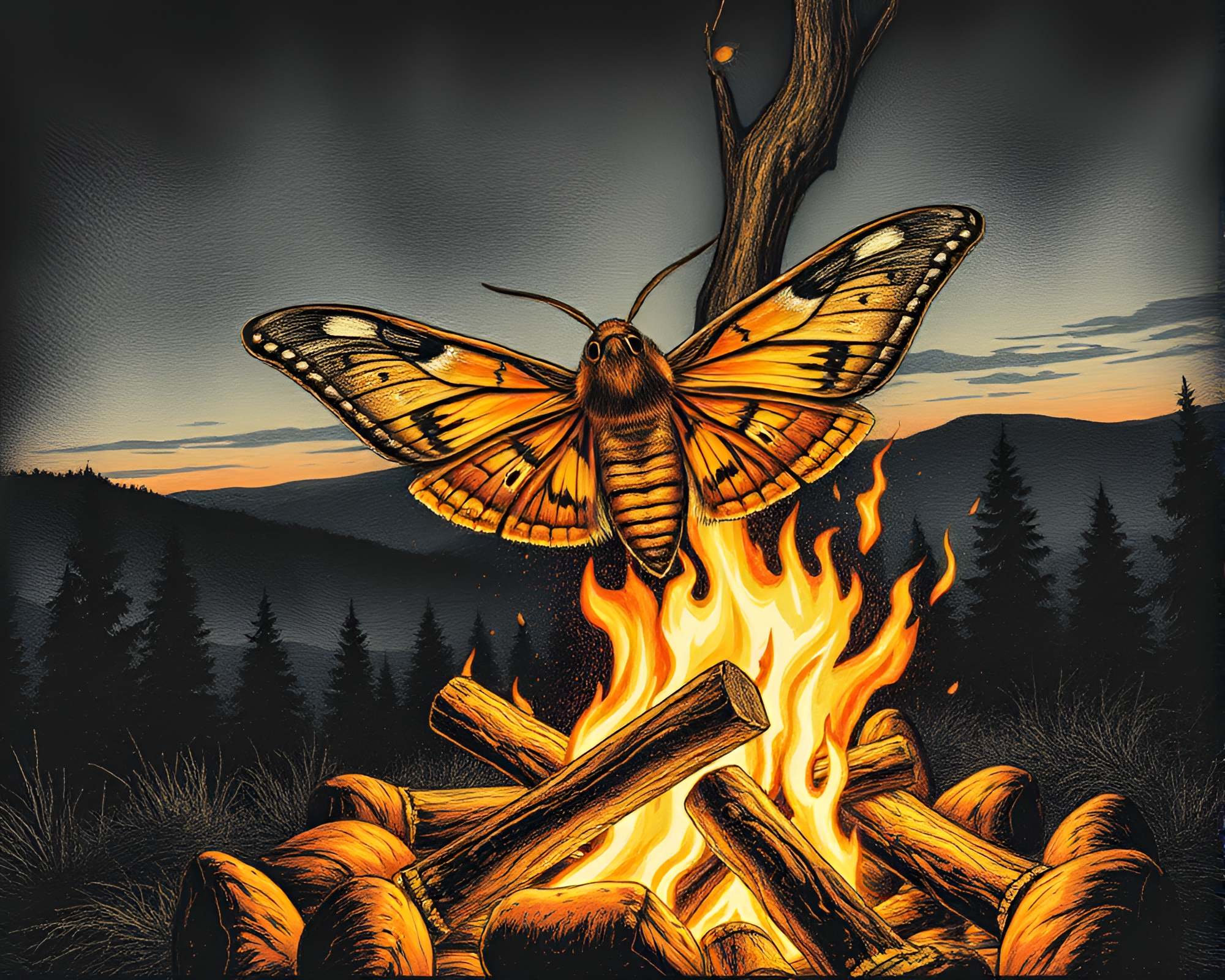 Engraved moth at bonfire bird’s eye view – free AI stock image