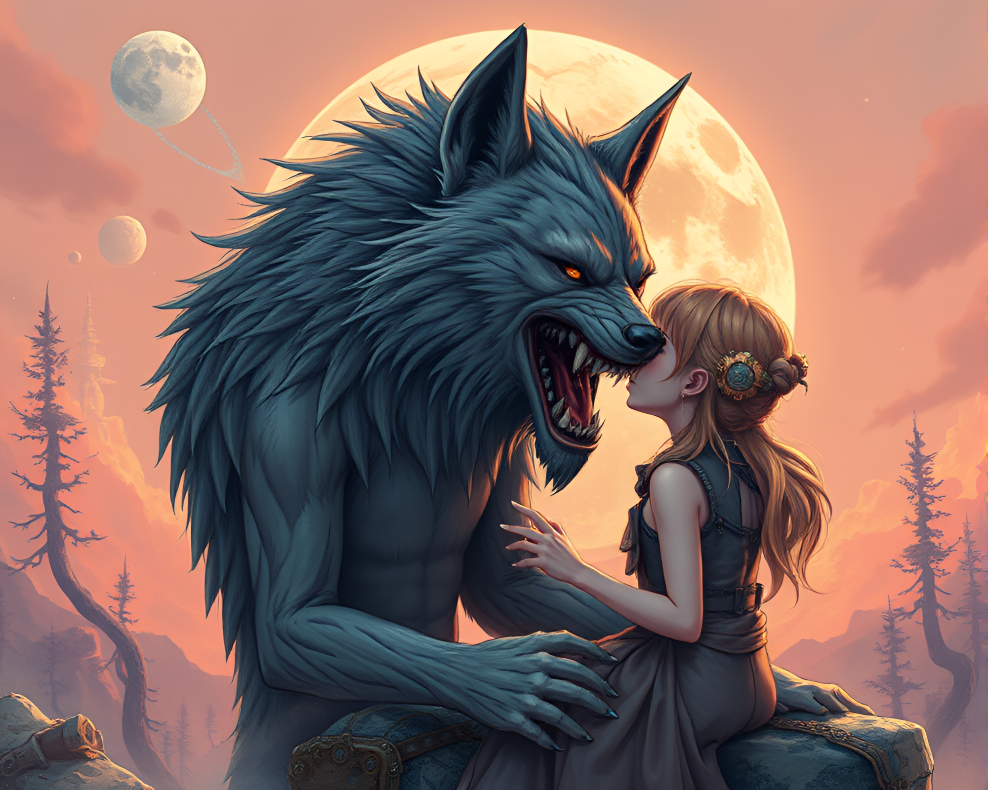 Steampunk Werewolf Encounter in Planetary Pastel – free AI stock image