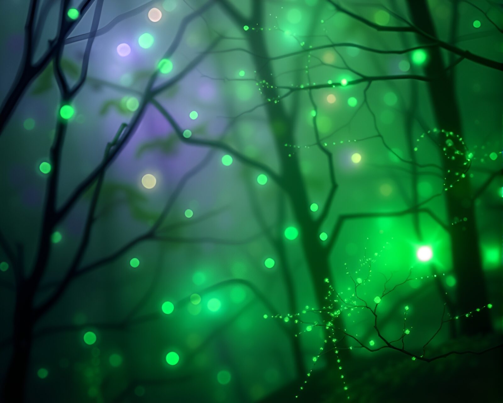 Glowing fairy surrounded by intricate fractal patterns in forest