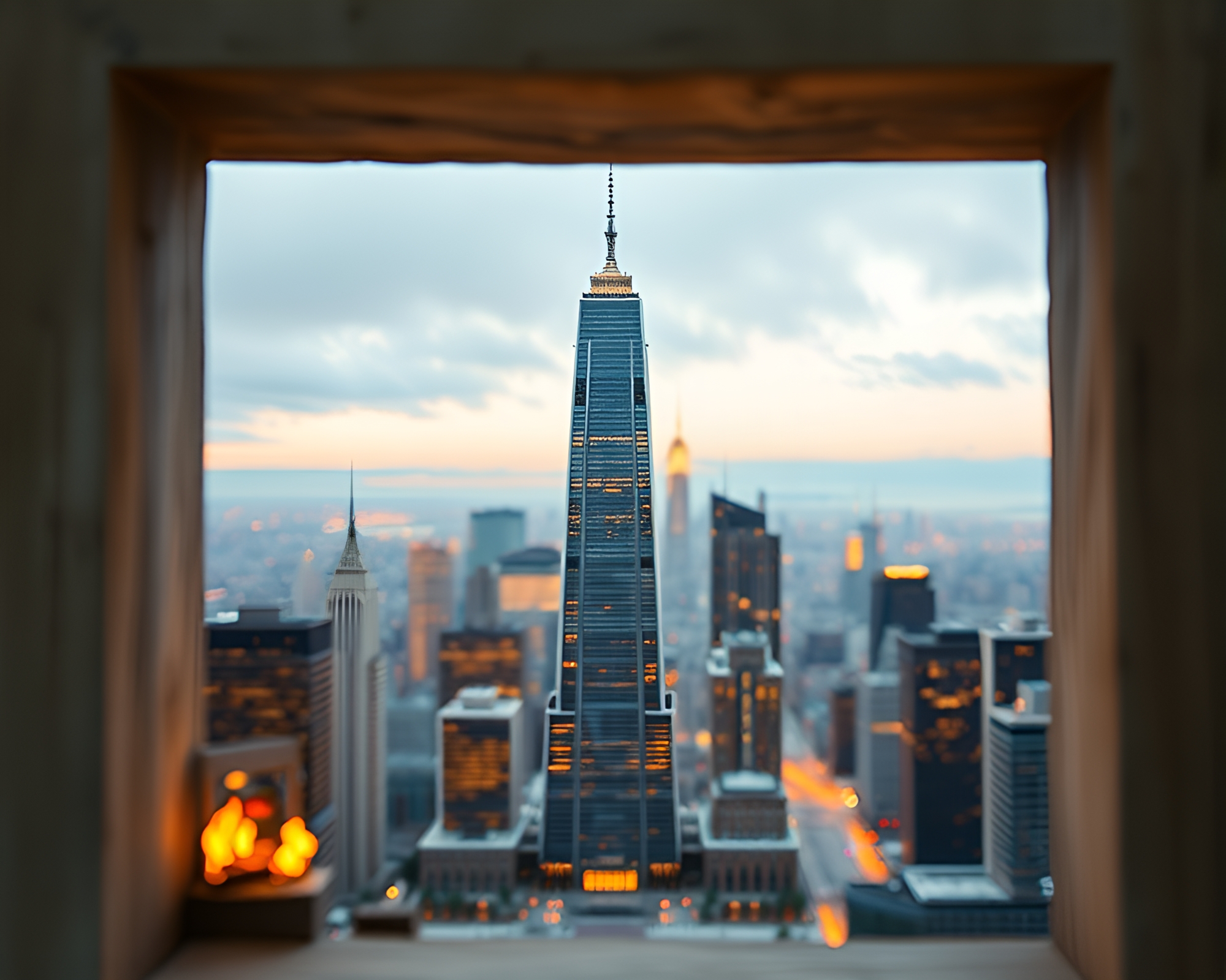 Urban Wonderland: Skyscraper Fireplace Miniature World – free AI stock image