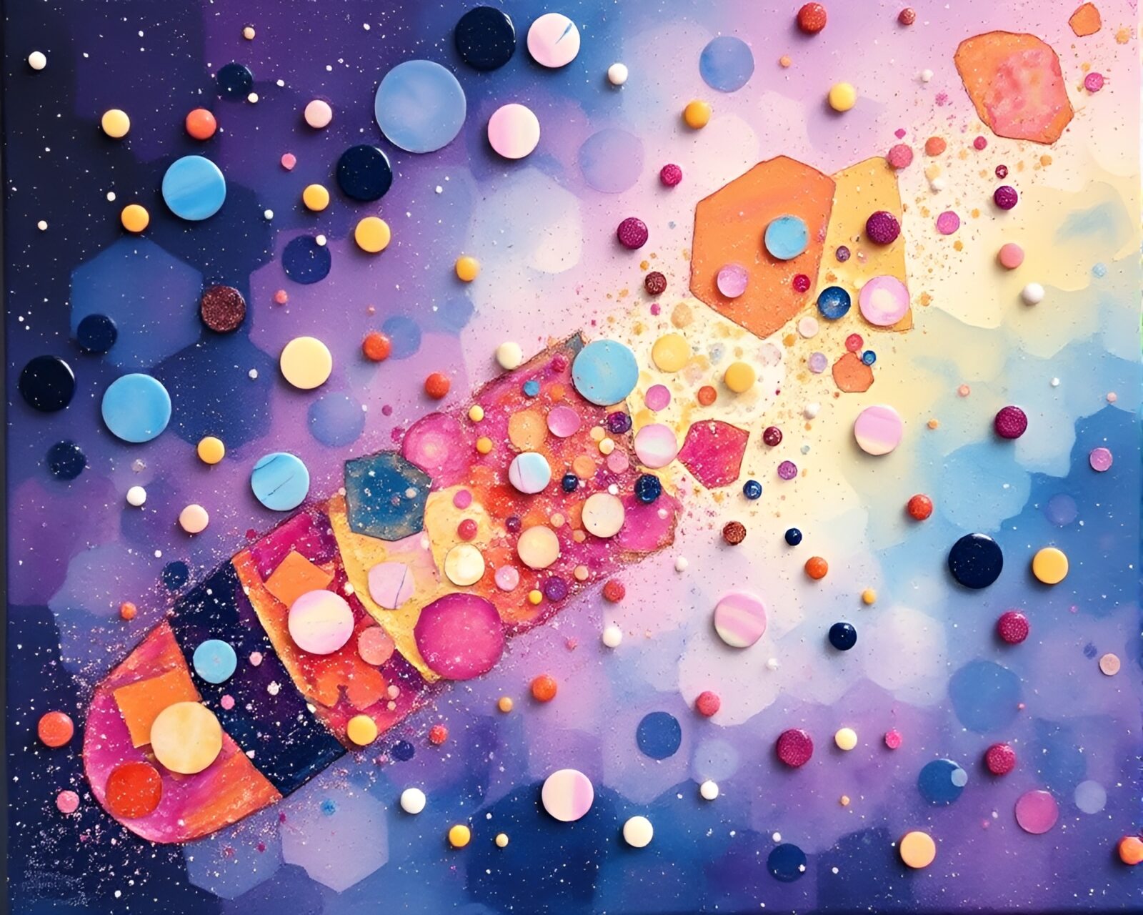 Vibrant cosmic-themed encaustic painting with kaleidoscope gelato cone.