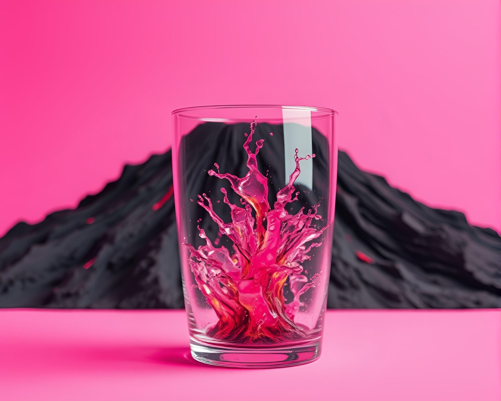 Surreal image of magenta-hued volcanic explosion seen through warped glass