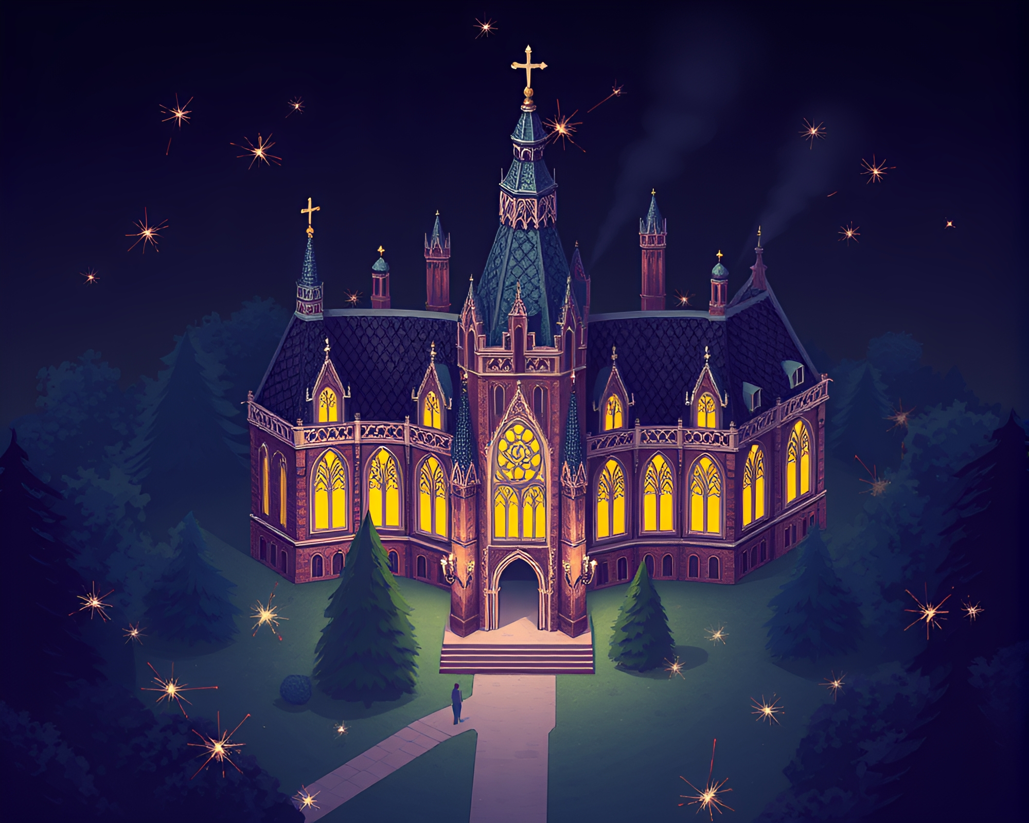 Neo-Gothic Mansion Illuminated by Amethyst Sparkler Trails – free AI stock image