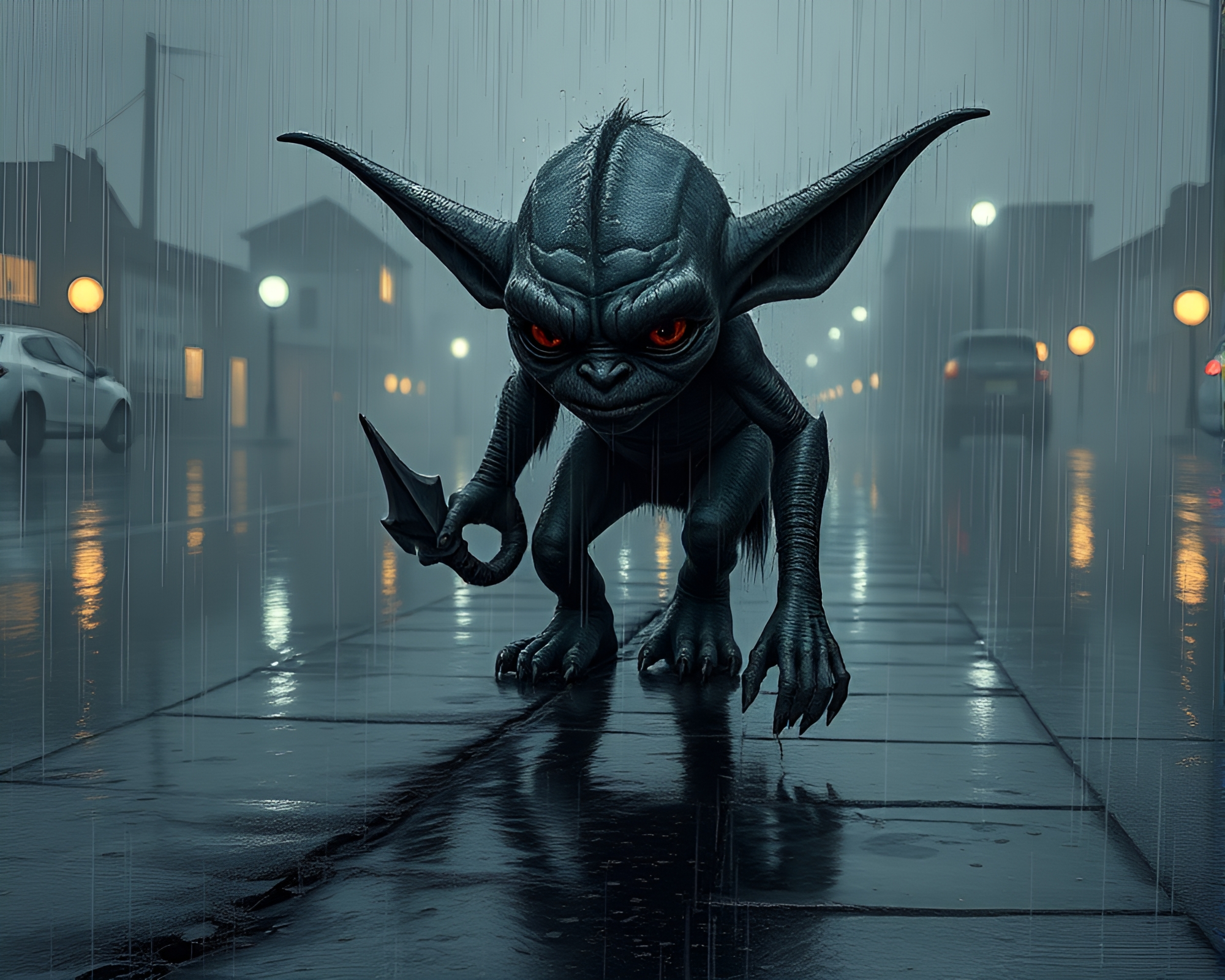 Goblin in Rainy Forest Etched into Dark Night – free AI stock image