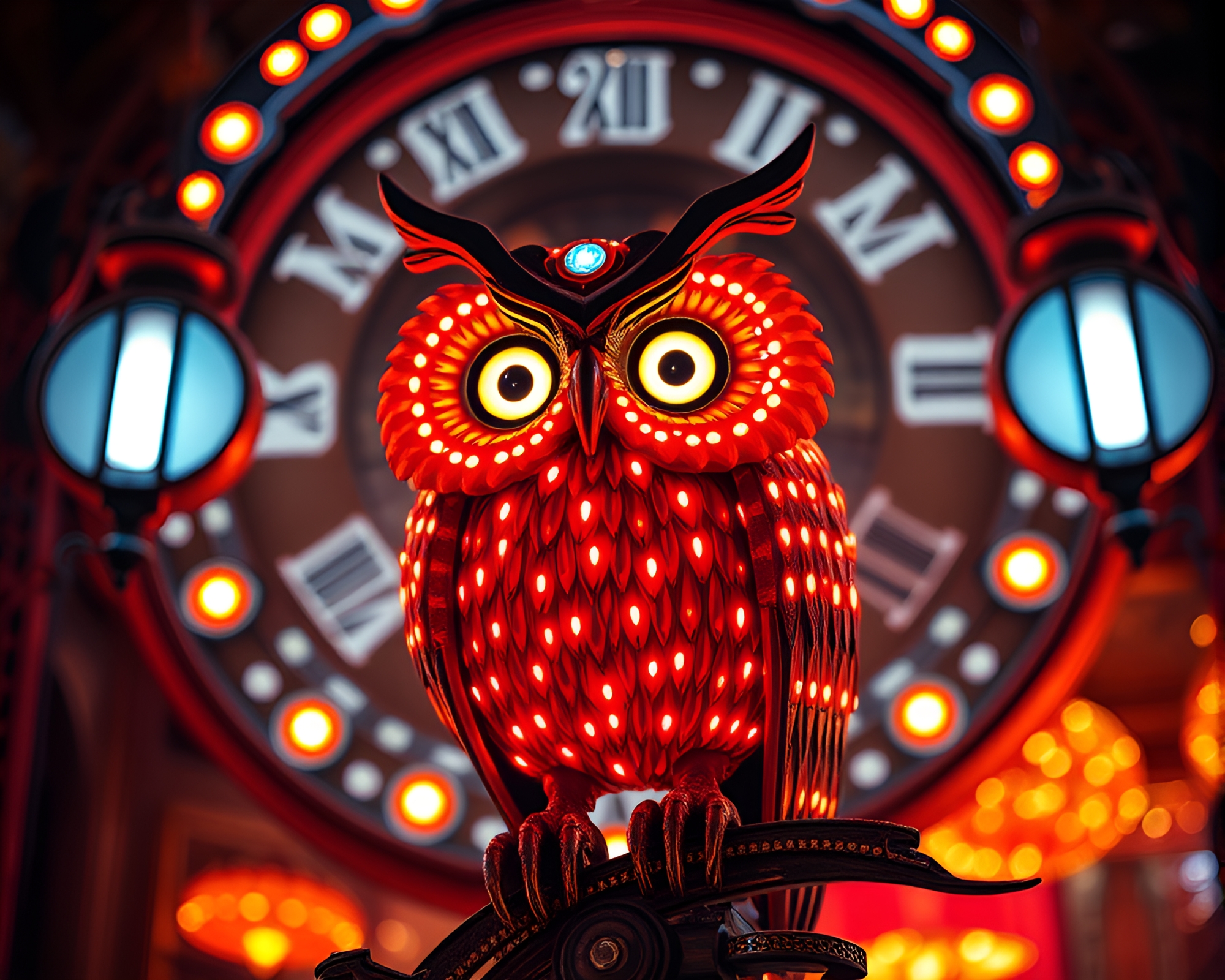 Clockwork Owl Carnival Lights Lens Distortion – free AI stock image
