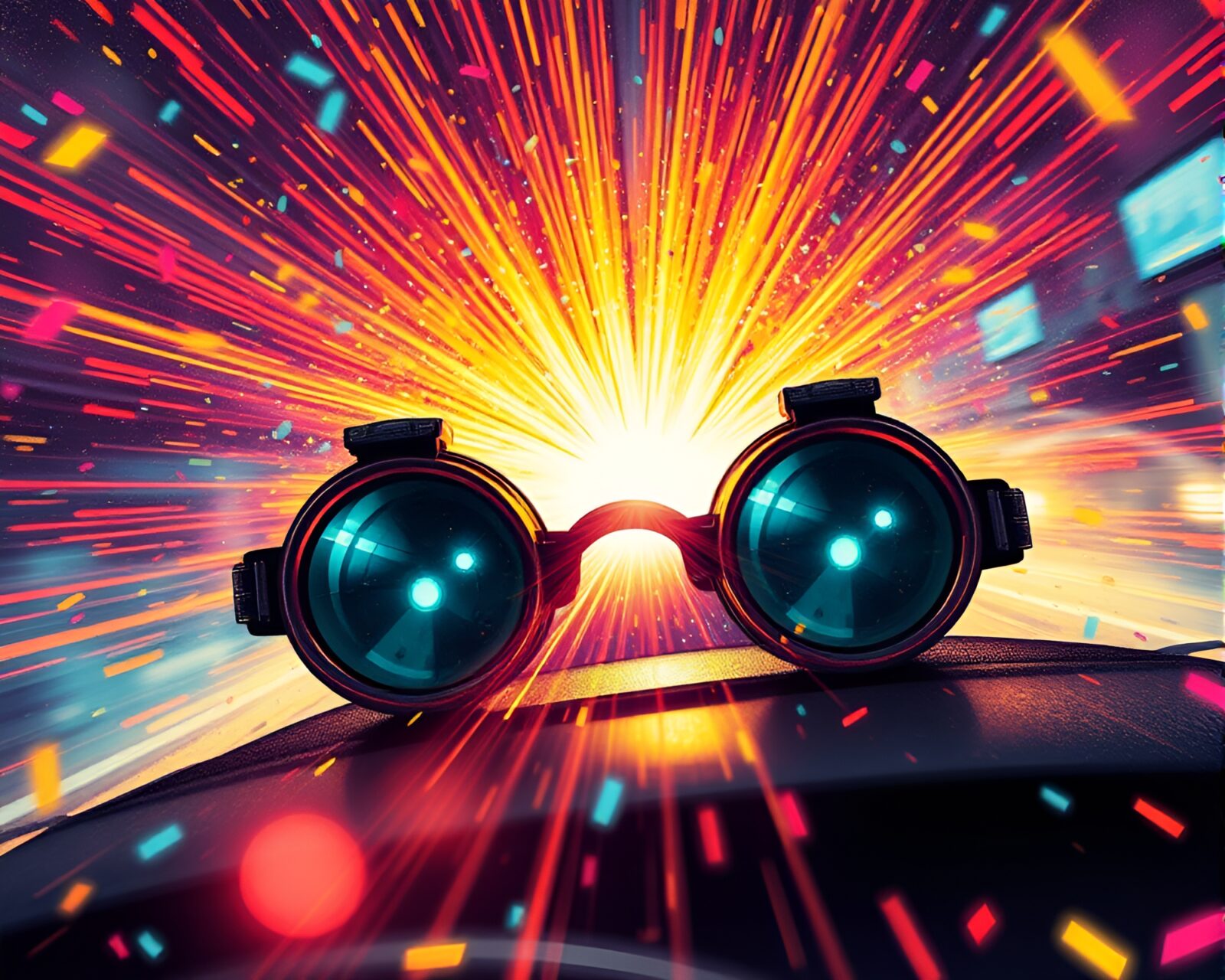 Glowing car lights streak through a vibrant confetti explosion
