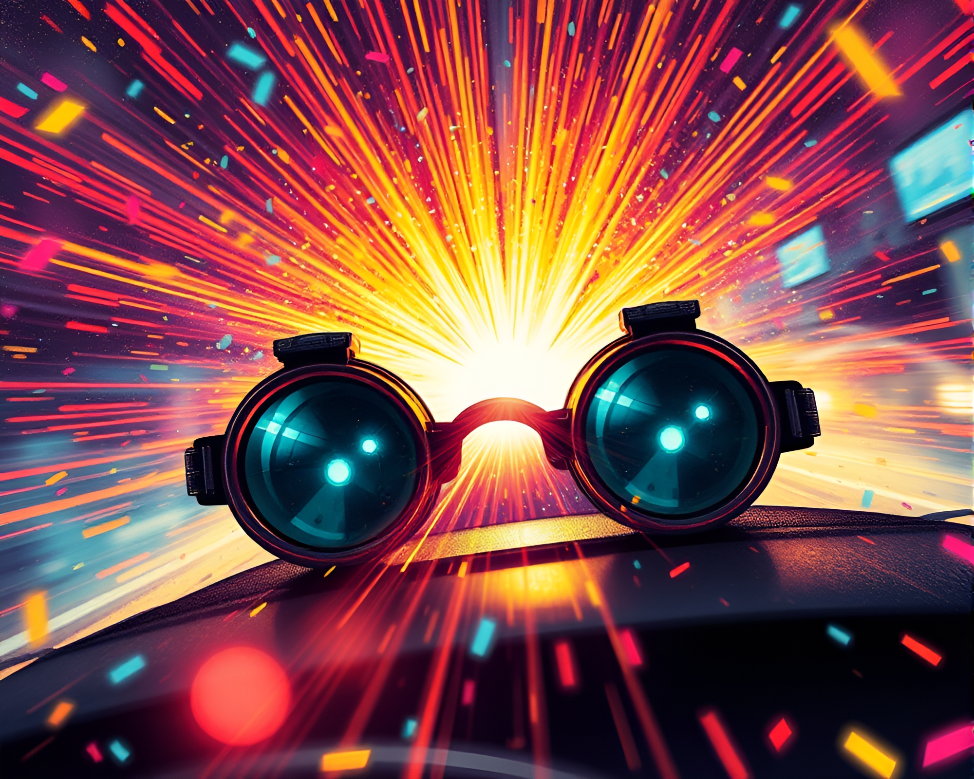 Steampunk Car Light Trails in Colorful Confetti Chaos – free AI stock image