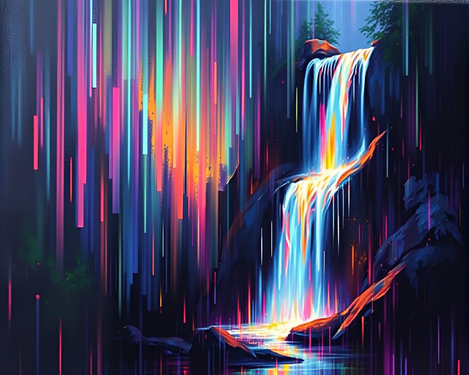 Surreal waterfall scene with vibrant glitch colors and light leaks