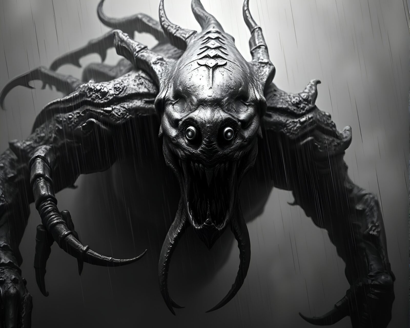 Eerie depiction of a Kraken emerging from metal scratches
