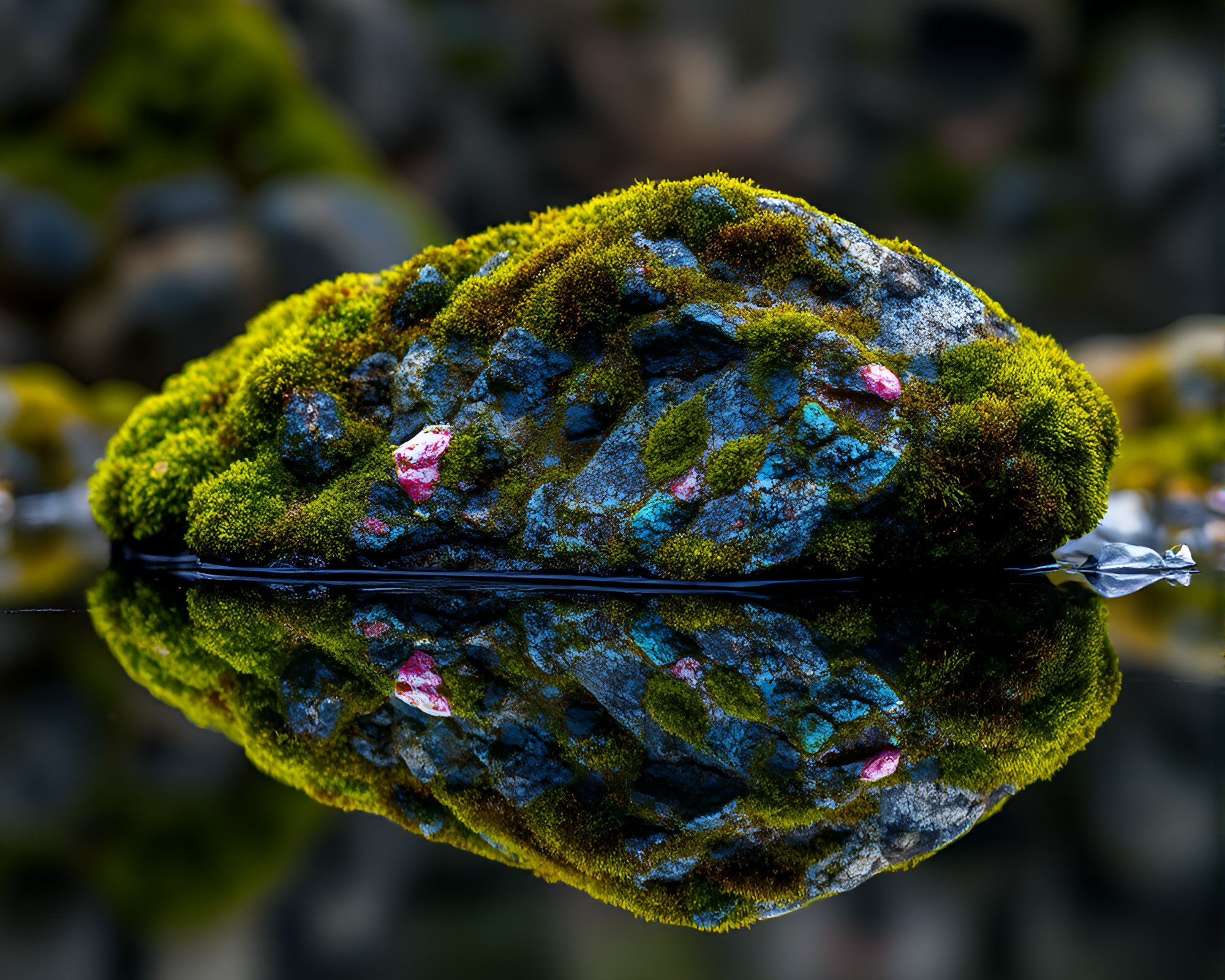 Iridescent Moss: Reflections and Nature’s Beauty – free AI stock image
