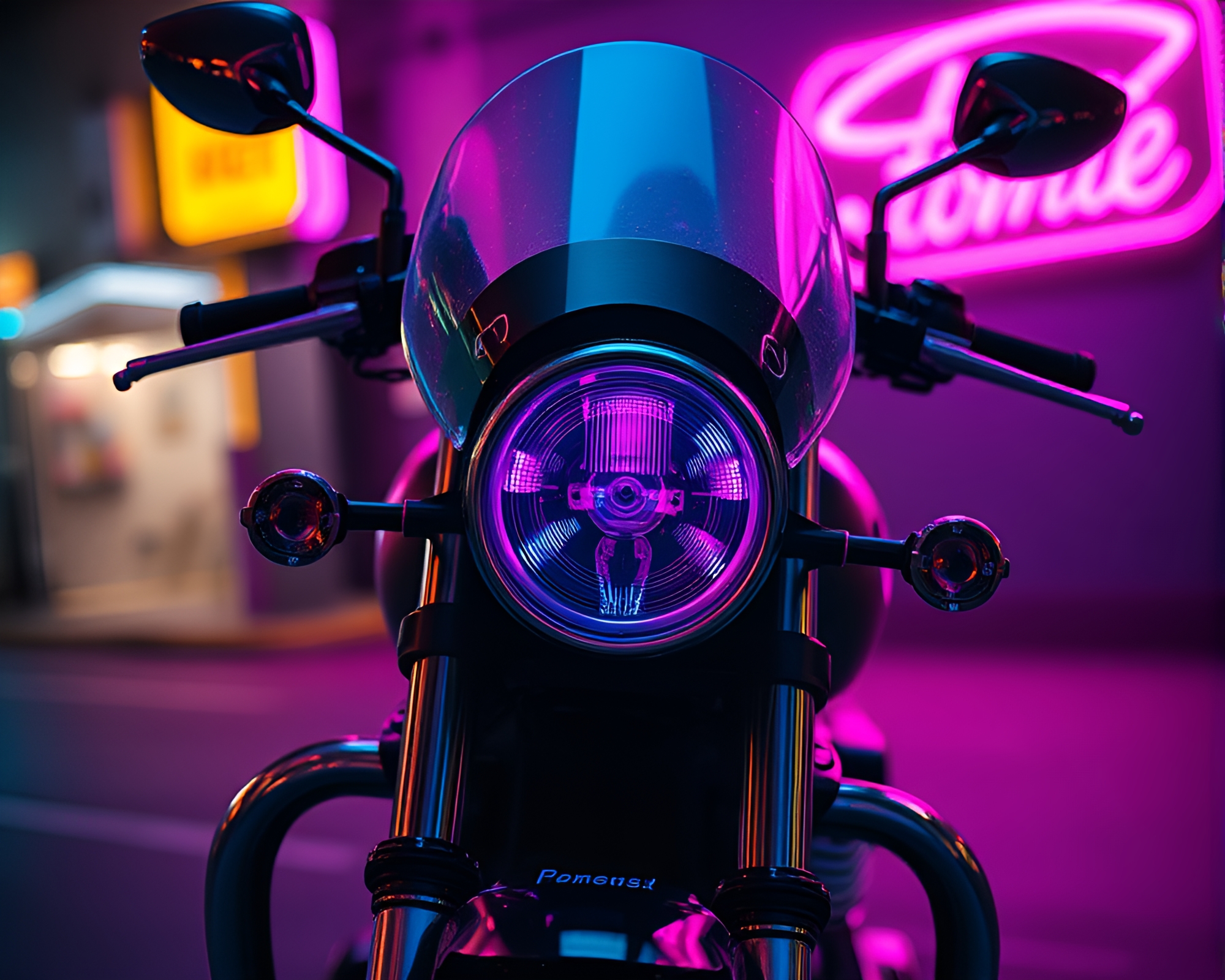Neon Motorcycle Racing Through Sapphire Retro Cityscape – free AI stock image