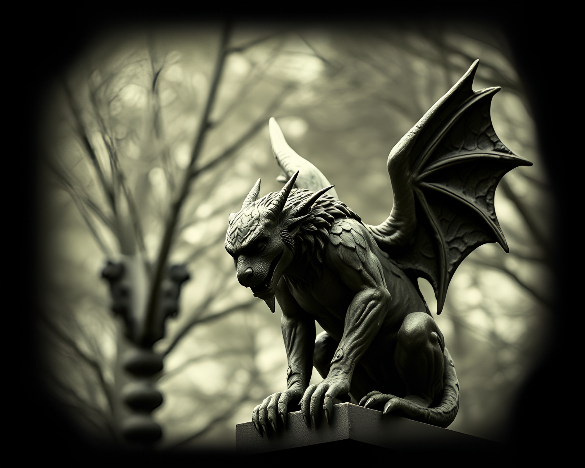 Gargoyle Statue Framed in Nature’s Embrace – free AI stock image