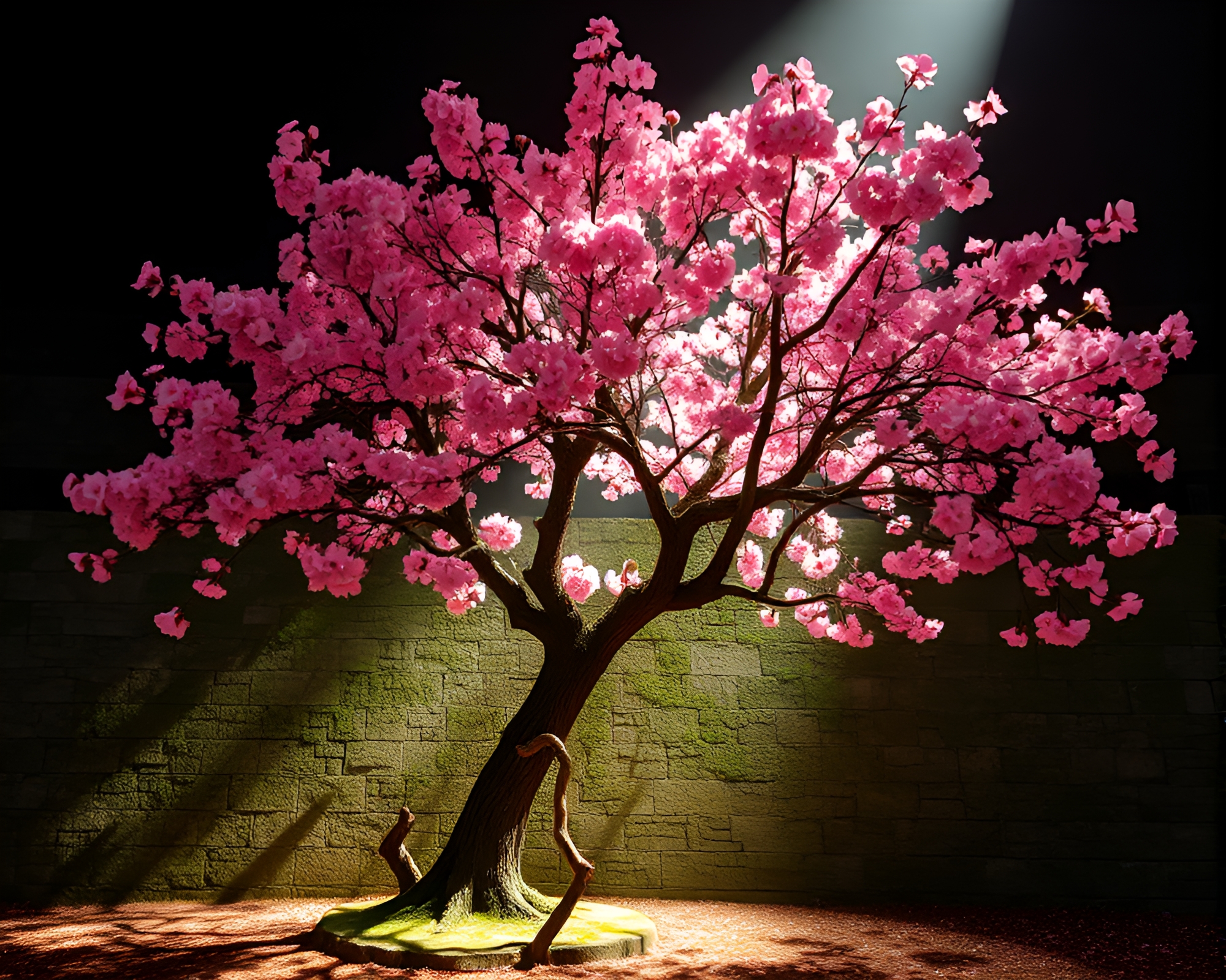 Cherry Blossom Tree in Stained Glass Spotlight – free AI stock image