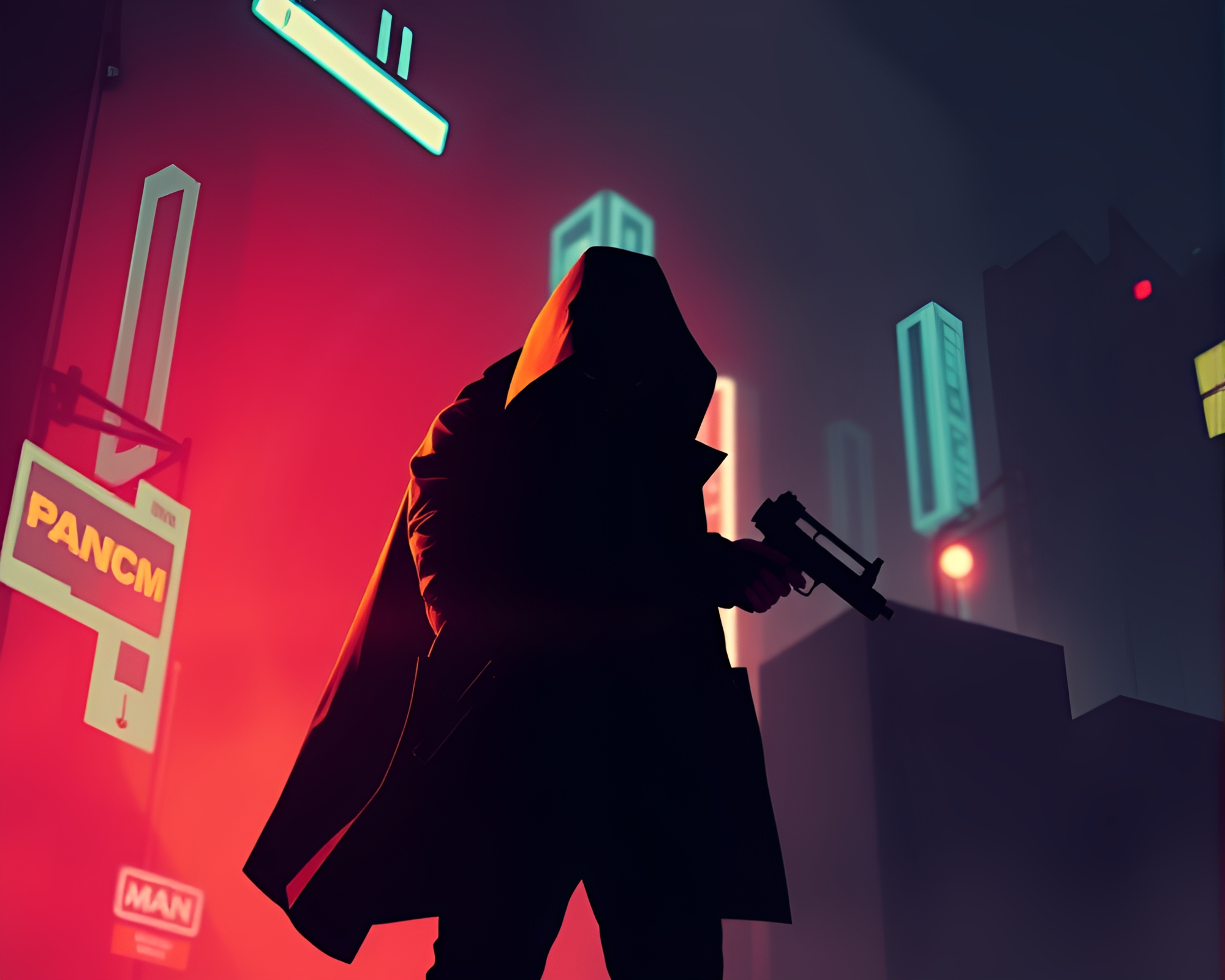 Cyberpunk Vigilante in Isometric Silhouette – free AI stock image